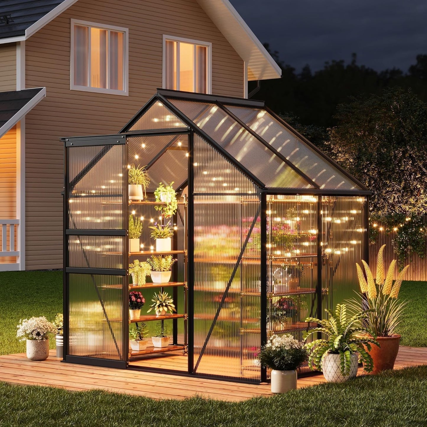 6x4 ft Greenhouse, Walk in Polycarbonate Greenhouses for Outdoors with Roof Vent&Sliding Door, Heavy Duty Green House with Aluminum Frame for Outside Garden Backyard, Patio, Lawn, Black