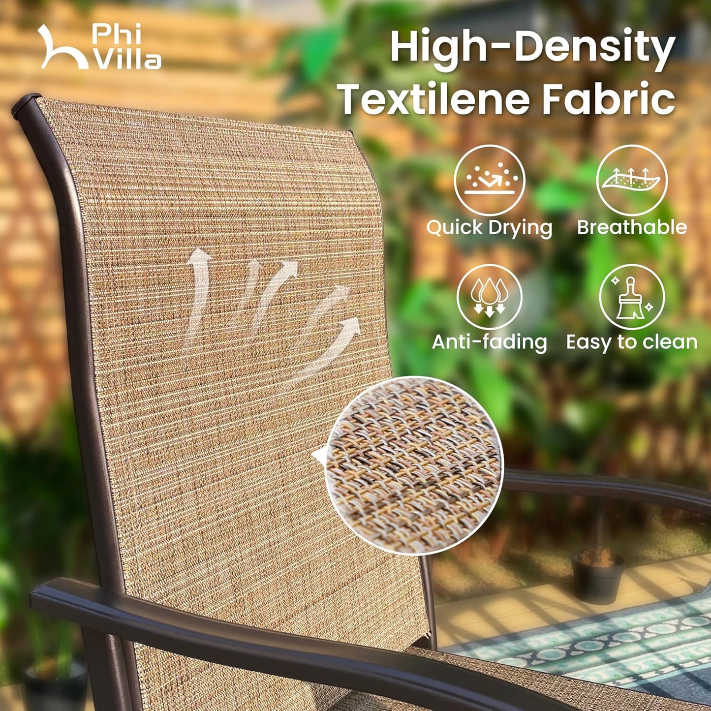 PHI VILLA 5 Piece Outdoor Bar Set with Swivel Patio Bar Stools, Patio Bar Bistro Table and Chairs with Brown Textilene Fabric & Square Bar Table for Deck, Balcony and Garden