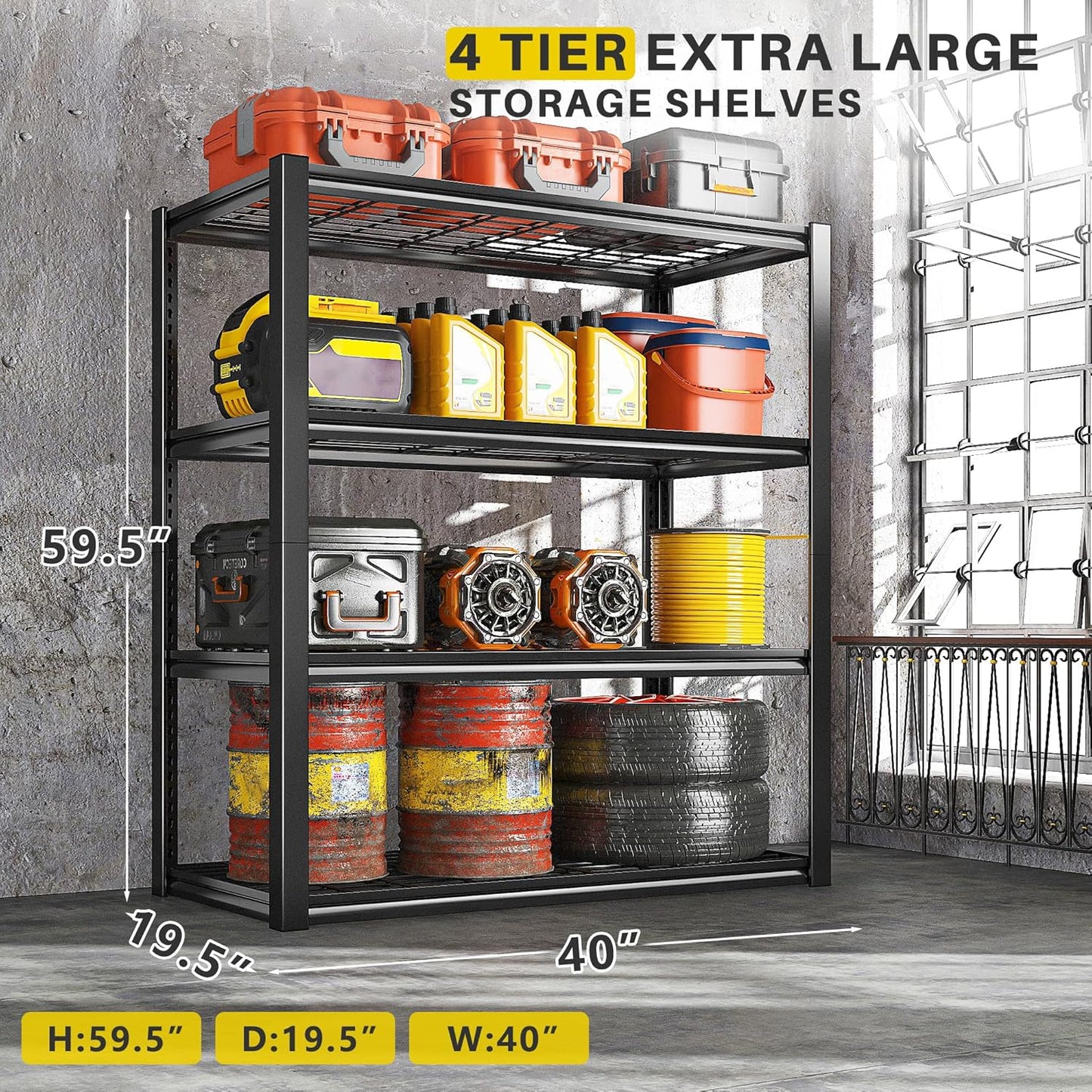 REIBII 40" W Garage Shelving 2240 LBS Storage Shelves Adjustable Heavy Duty Shelving 4 Tier Metal Shelves for Storage 59.5"H Metal Shelf for Pantry Basement Warehouse 40"W × 19.5"D × 59.5"H, 4 Pack