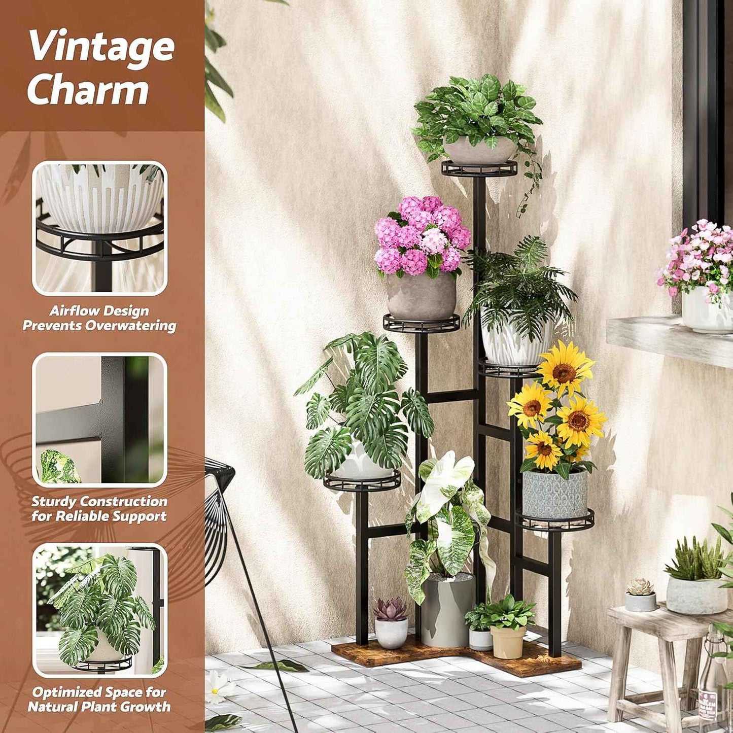 Tall Plant Stand Indoor Outdoor, 6 Tier Corner Tall Metal Wood Shelf Display Rack, Multi-tier Planter Pot Holder Flower Stand for Garden Balcony Living Room Bedroom