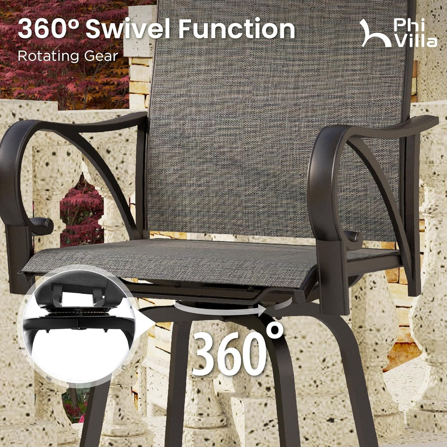 PHI VILLA 5 Piece Patio Bar Set, Bar Height Outdoor Bistro Table and Chairs with Swivel Bar Stools (Gray) and Square Metal Bar Table for Deck, Garden and Porch