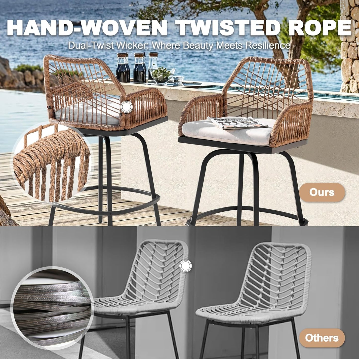 NUU GARDEN 5-Piece Patio Bar Set, All Weather Rattan Swivel Stools, 360 Degree Outdoor Swivel Bar Set for Backyard, Balcony, Garden and Poolside, Black and Beige