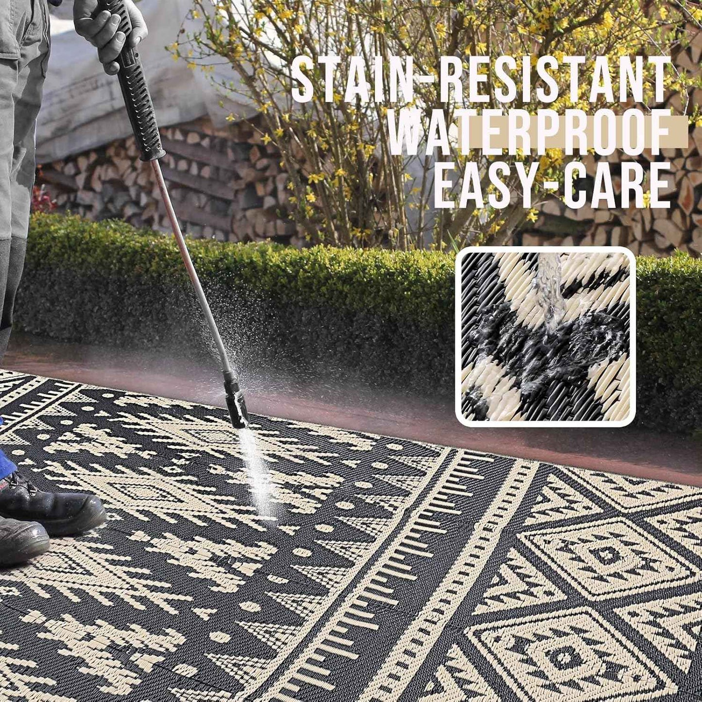 OLANLY Outdoor Rug Waterproof 9x12 ft, Reversible Outdoor Plastic Straw Rug, Boho Patio Rug, Indoor Outdoor Carpet, RV Mat Outside for Patio, Camp, Picnic, Balcony, Deck, Backyard, Black & Beige