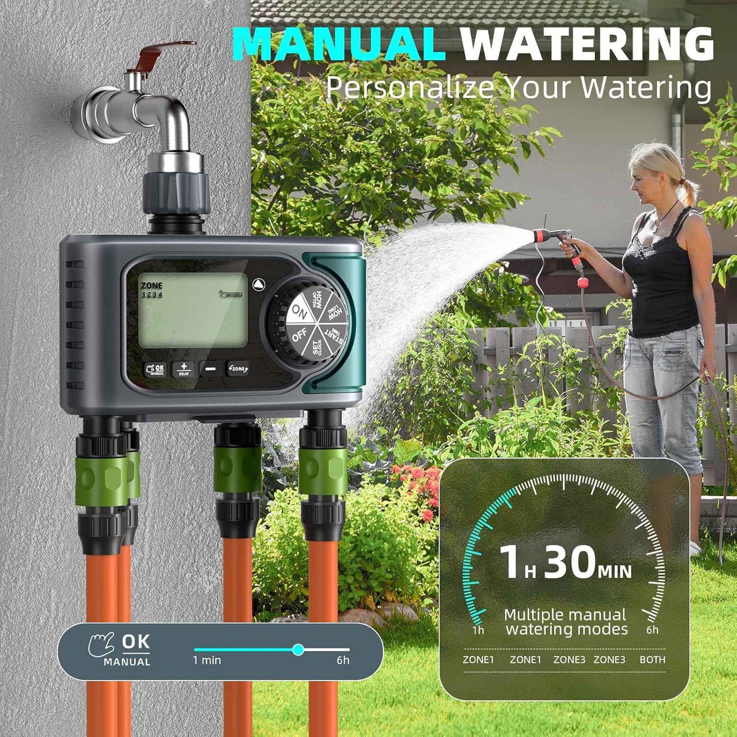 Sprinkler Timer for Outdoor Hose Faucet 4 Zone, Programmable Hose Timer with Rain Delay/Manual/Automatic Watering System, Water Timers for Garden Hose, Digital Drip Irrigation for Yard Lawn Outdoor
