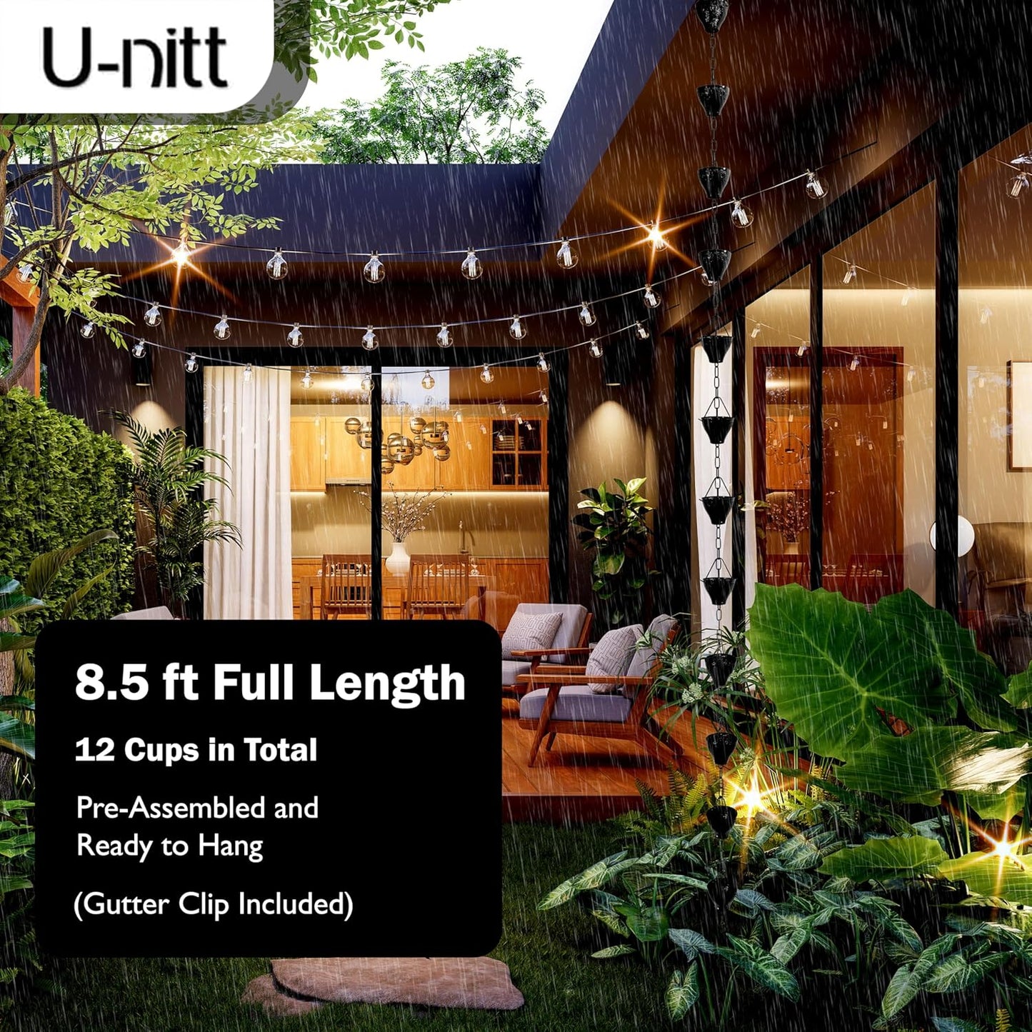 U-nitt Rain Chain Water Collection for Gutters, Rainwater Catcher & Diverter, 8.5 FT Chains for Outside Garden, Sunflower Cups, Roof Downspout, Works with Heavy Rain, w/Gutter Clip for Rainchains