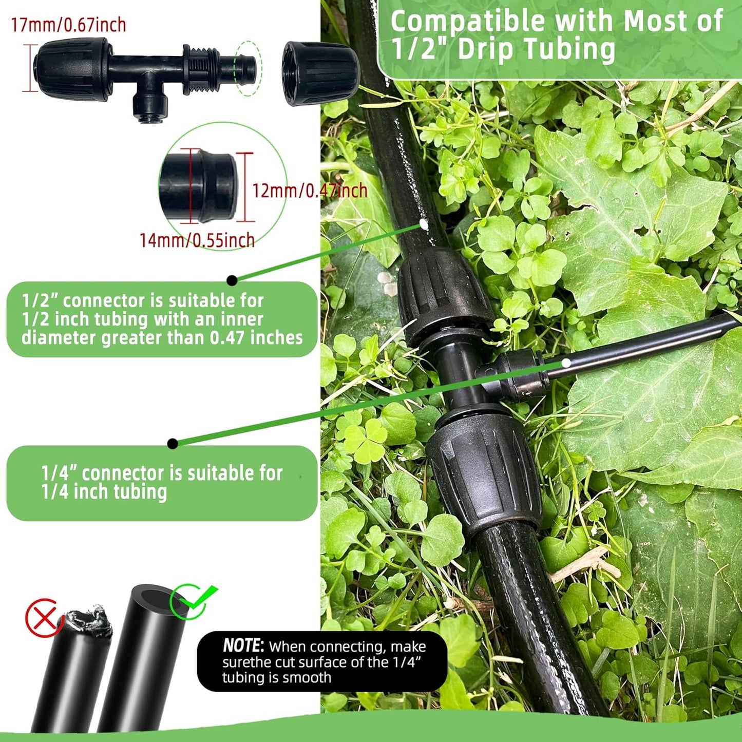 6 Pack 1/2'' to 1/4'' Drip Irrigation Fittings, Push-to-Connect 3 Way Drip Irrigation Part Barbed Tee Connectors, Anti-leak Locked Splitter Fitting for 1/2" Irrigation Tubing (0.6''-0.67''OD)