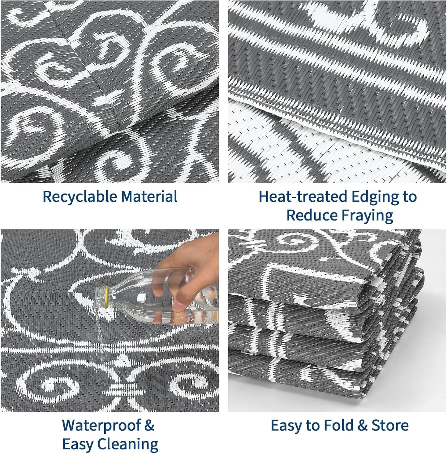 9x12 Outdoor Rug Waterproof Foldable Plastic Straw Carpet for Patio Porch Vintage Reversible Mat Lightweight Floor Mat for Picnic, Backyard, Rv, Beach, Deck, Camper, Balcony，Grey