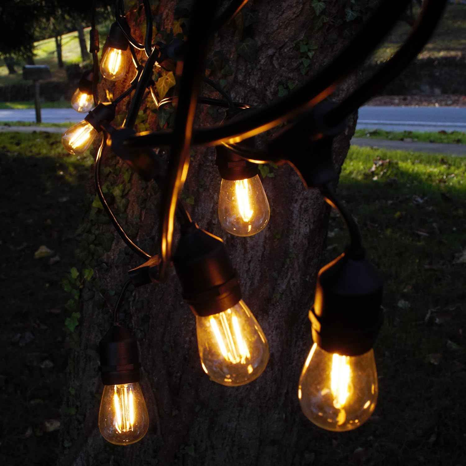 48 Foot E26 Commercial LED S14 Double Filament Outdoor String Lights with 15 Suspended Sockets and S14 LED Clear 1.5 Watt Bulbs for Weatherproof Heavy Duty Vintage Outside Lighting