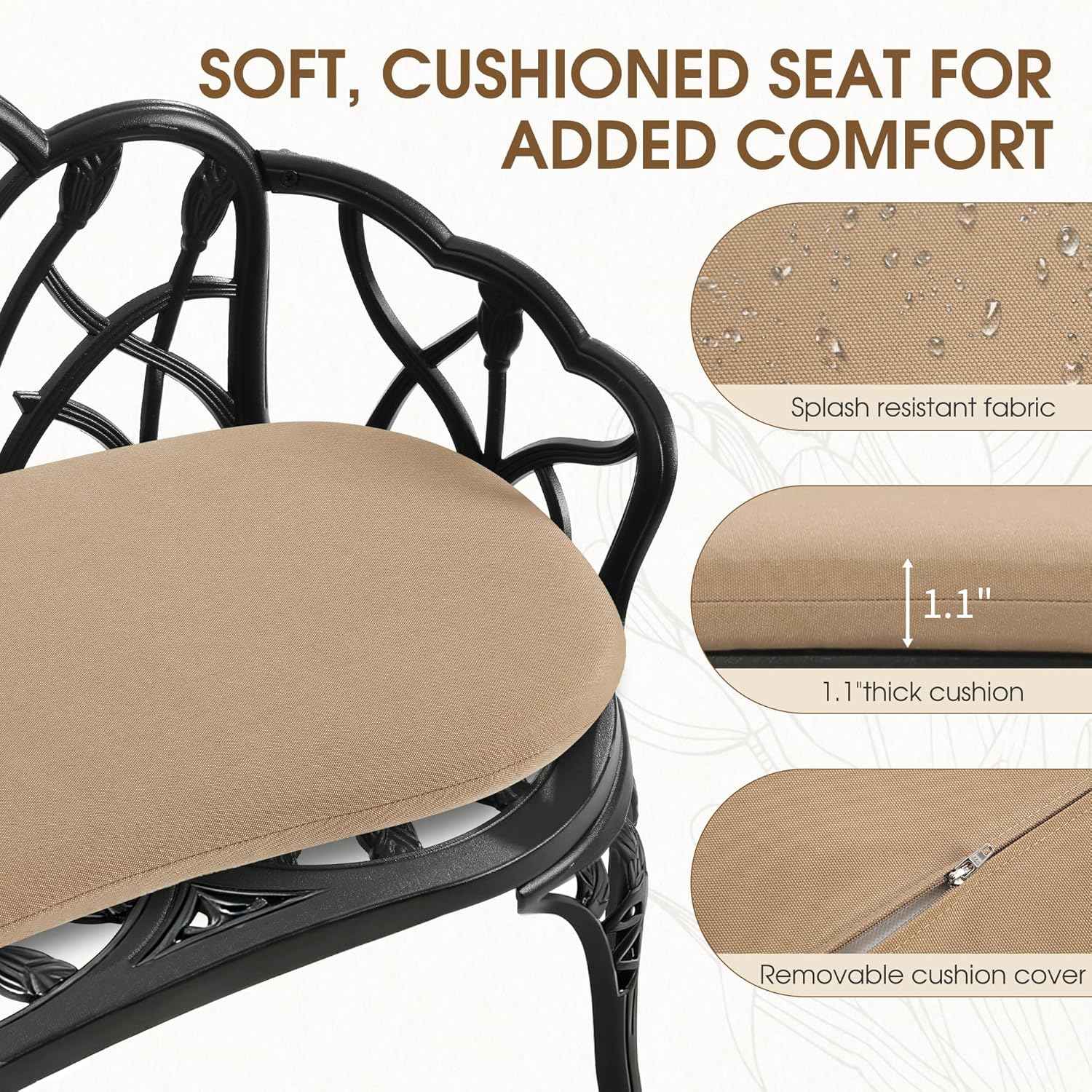 Outdoor Bench with Cushion, Cast Aluminum Double Seating with Backrest and Armrests, Mental Outdoor Furniture for Patio, Porch, Garden, Park, Black Tulip