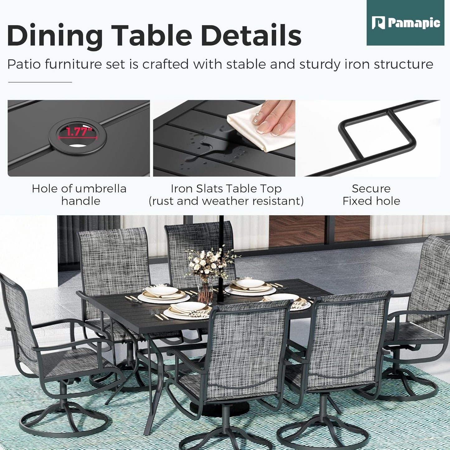 7-Piece Outdoor Dining Set, Patio Furniture Set with Textilene Swivel Chairs, Outdoor Table & 6 Chairs for Garden, Backyard, Poolside, Deck, Charcoal
