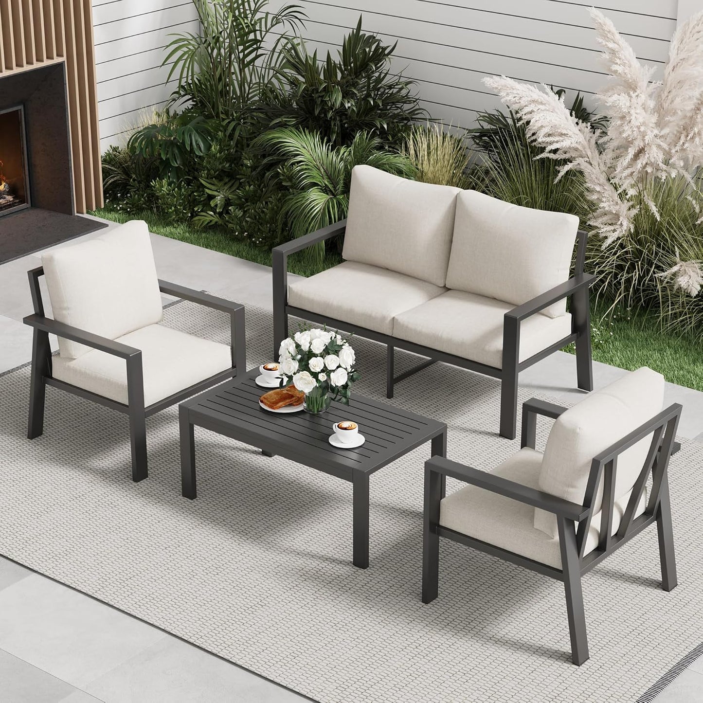Aluminum Patio Furniture Sets Metal Outdoor Furniture Set with Cushion All-Weather Sectional Sofa with Coffee Table for for Backyard, Garden and Poolside Easy Assembly(Beige)