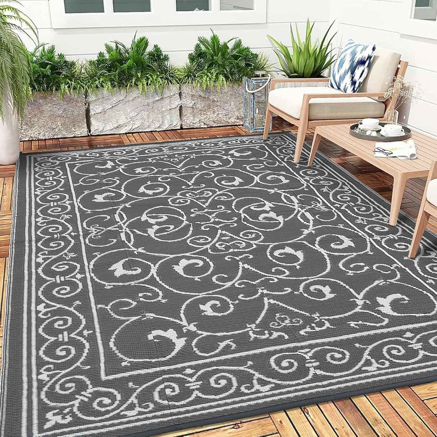 9x12 Outdoor Rug Waterproof Foldable Plastic Straw Carpet for Patio Porch Vintage Reversible Mat Lightweight Floor Mat for Picnic, Backyard, Rv, Beach, Deck, Camper, Balcony，Grey