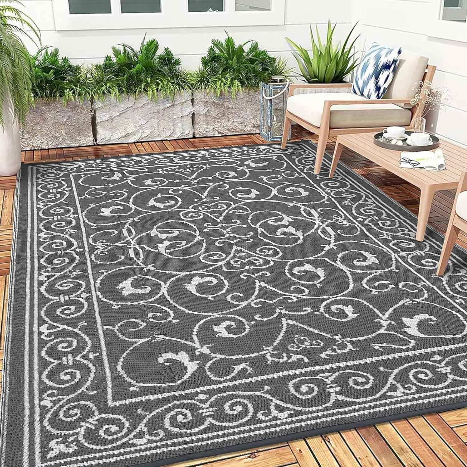 9x12 Outdoor Rug Waterproof Foldable Plastic Straw Carpet for Patio Porch Vintage Reversible Mat Lightweight Floor Mat for Picnic, Backyard, Rv, Beach, Deck, Camper, Balcony，Grey