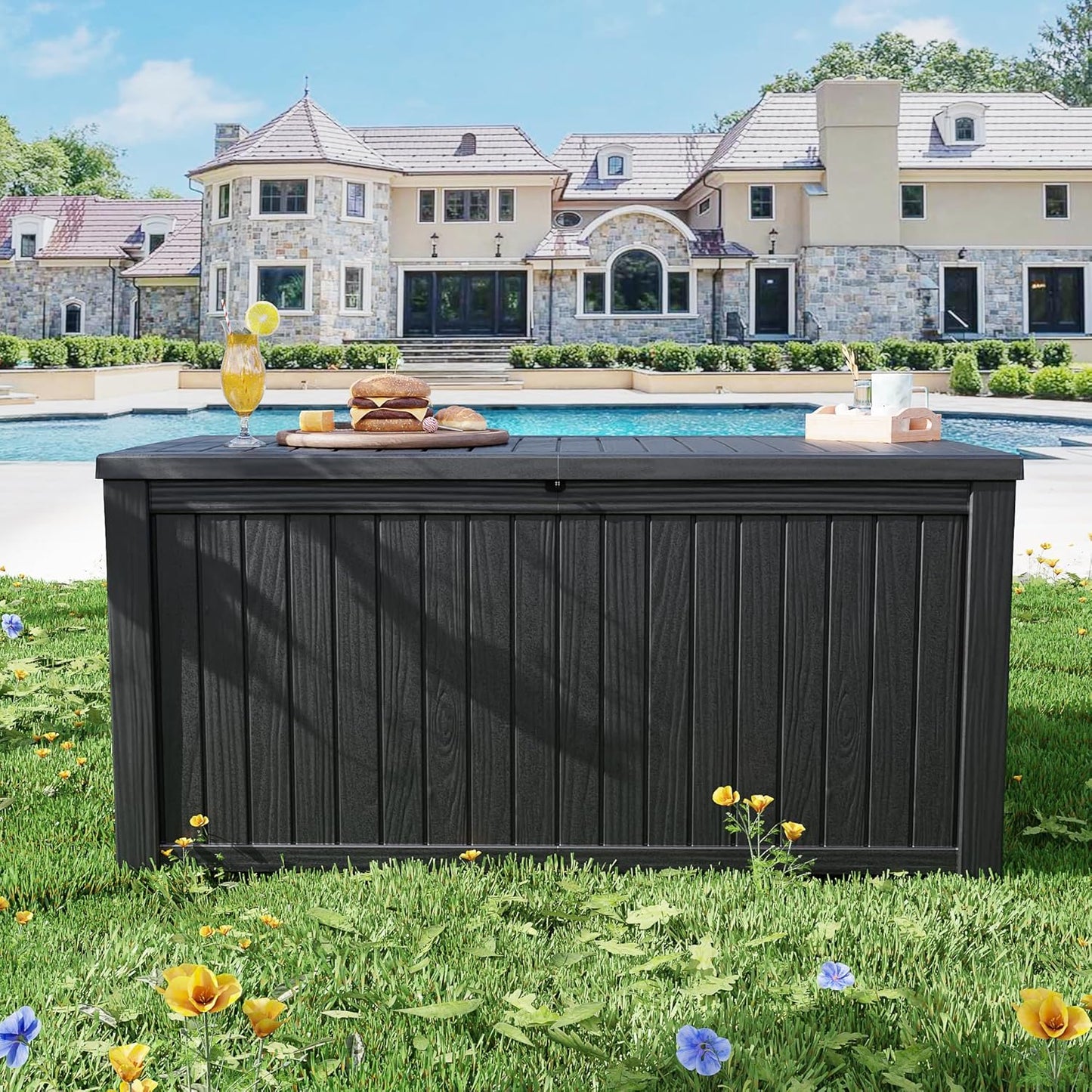 200 Gallon Waterproof Large Resin Deck Box Indoor/Outdoor Lockable Storage Container and Seating for Garden, Pool, and Patio (200 Gallon, Black)