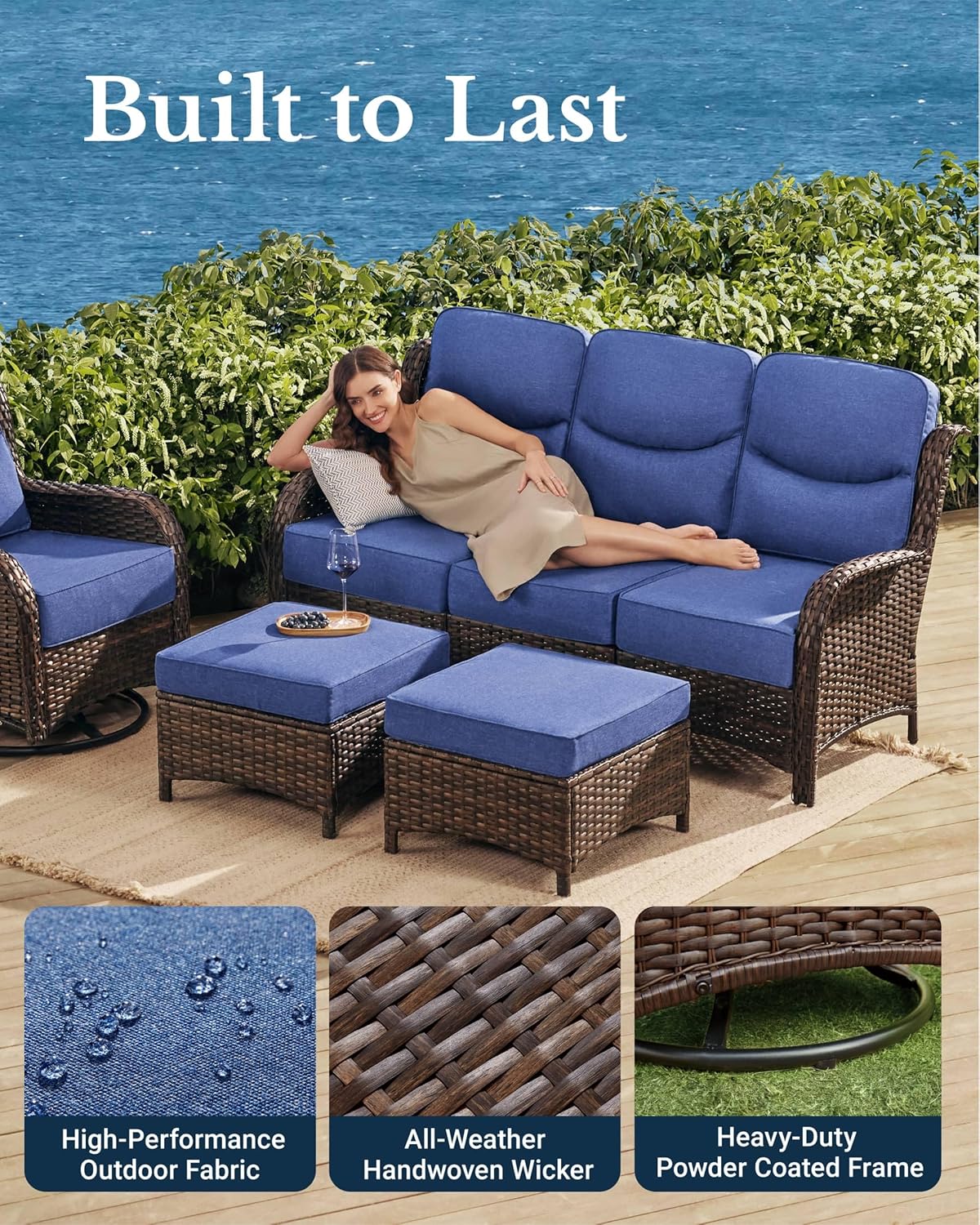 HILLGA Luxury Patio Furniture Set with 6-inch Thick Cushion, Outdoor Couch and High Back Swivel Rocker Patio Chairs, 8PCS Wicker Conversation Set for Deck Yard and Poolside, Blue (V2)
