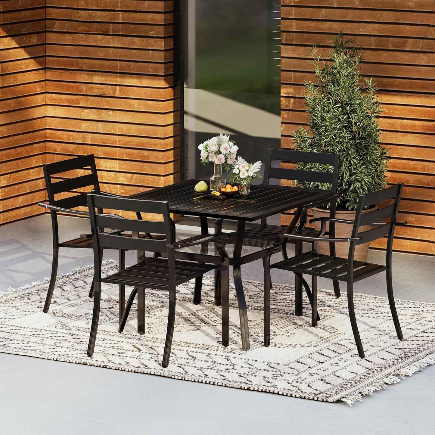 HOMREST 5 Piece Outdoor Patio Dining Set for 4, 37" Square Metal Table with Umbrella Hole and Storage Shelf, Stackable Wrought Iron Chairs, Patio Furniture Set for Deck/Backyard/Poolside/Garden
