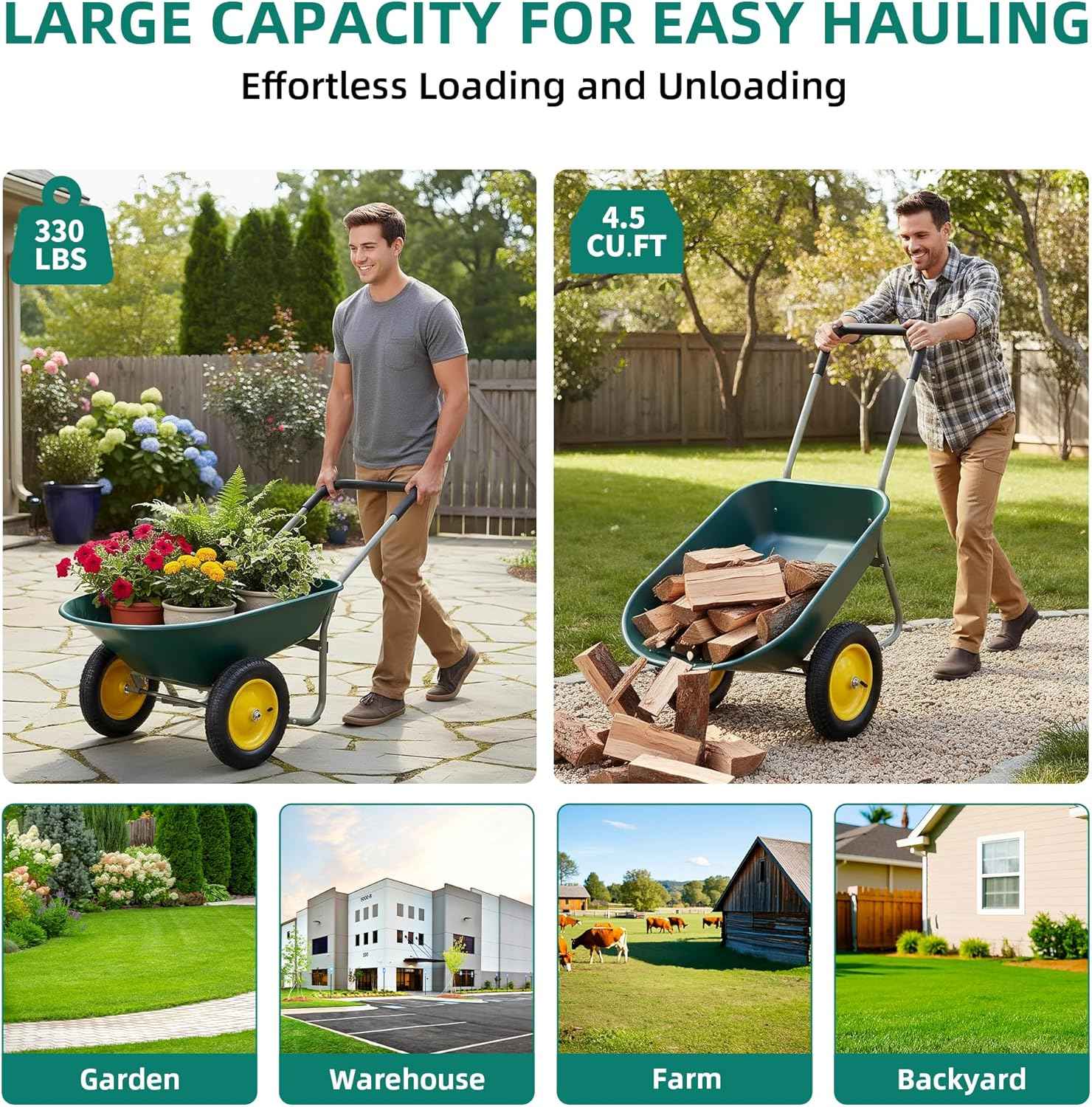 Dual-Wheel Garden Cart, 14" Pneumatic Tires & Built-in Stand, 4.5 Cu Ft Utility Yard Wheelbarrow for Gardening, Soil, Construction, Easy Assembly
