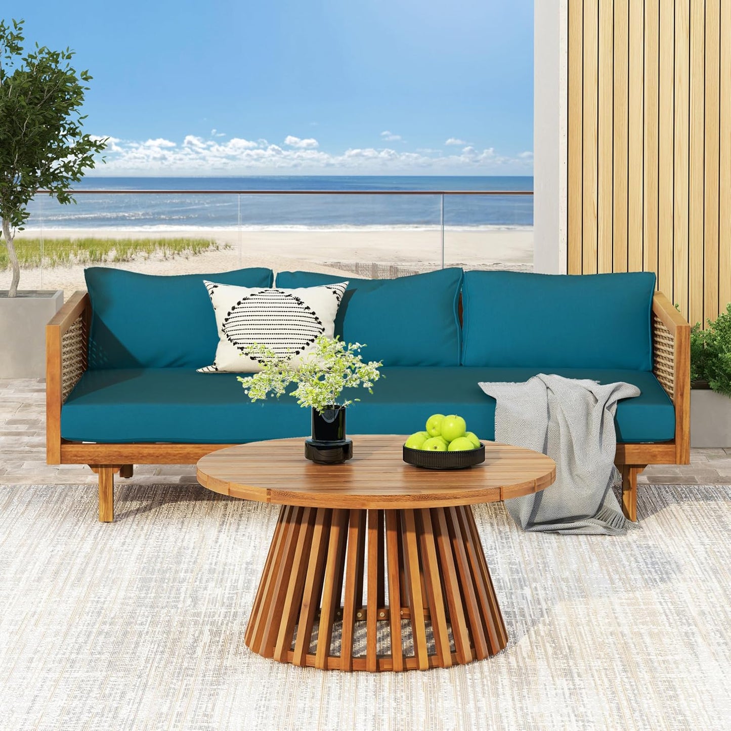 Christopher Knight Home Claremont Patio Sofa and Coffee Table Set, 2 Piece Wicker Patio Furniture Set, Acacia Wood 3 Seater Outdoor Sofa Daybed and Coffee Table Set, Teak+Dark Teal