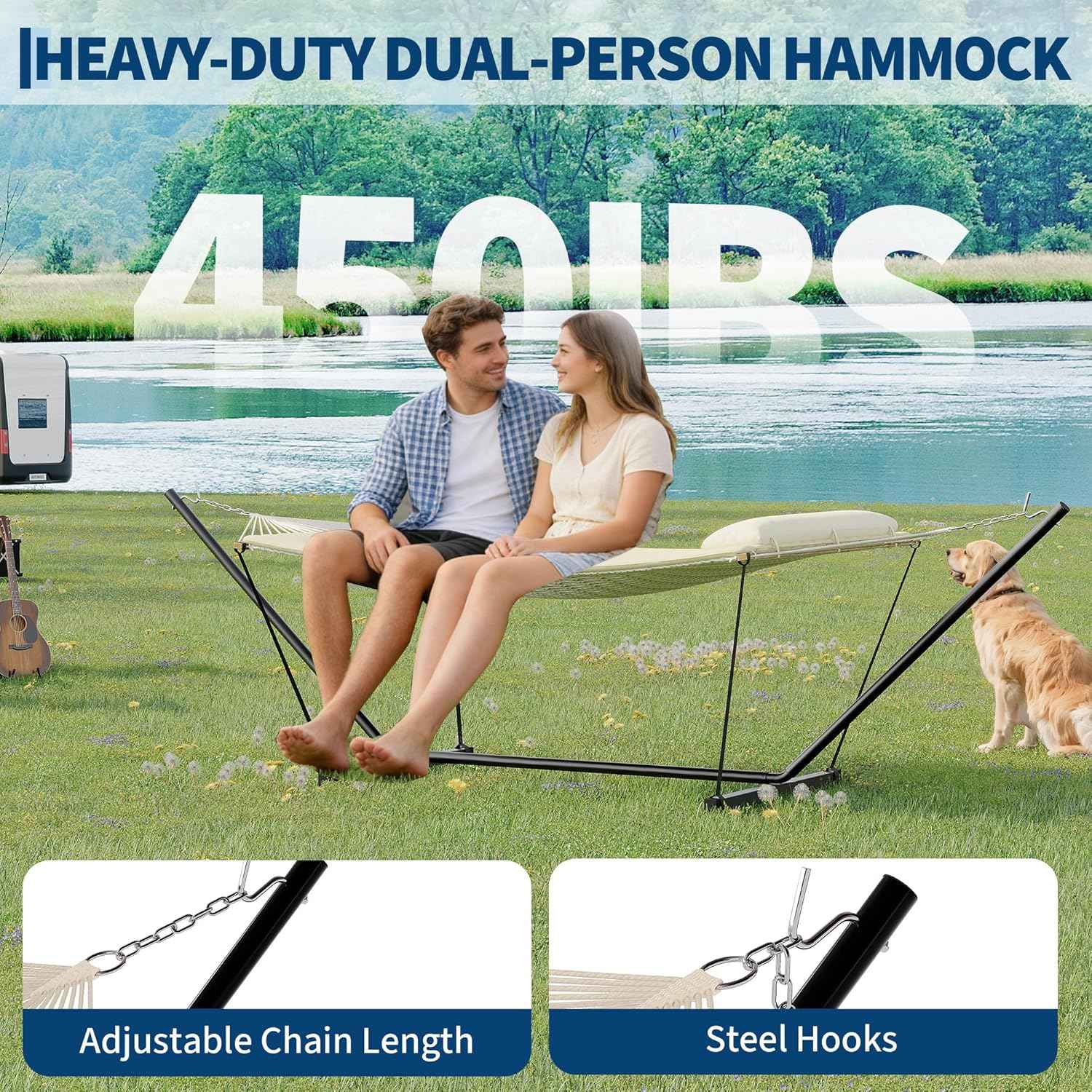 Garvee 2 Person Portable Double Hammock for Outdoor with Pillow, Heavy Duty Portable Hammock with Adjustable Steel Stand for Patio, Garden, Beach, Backyard