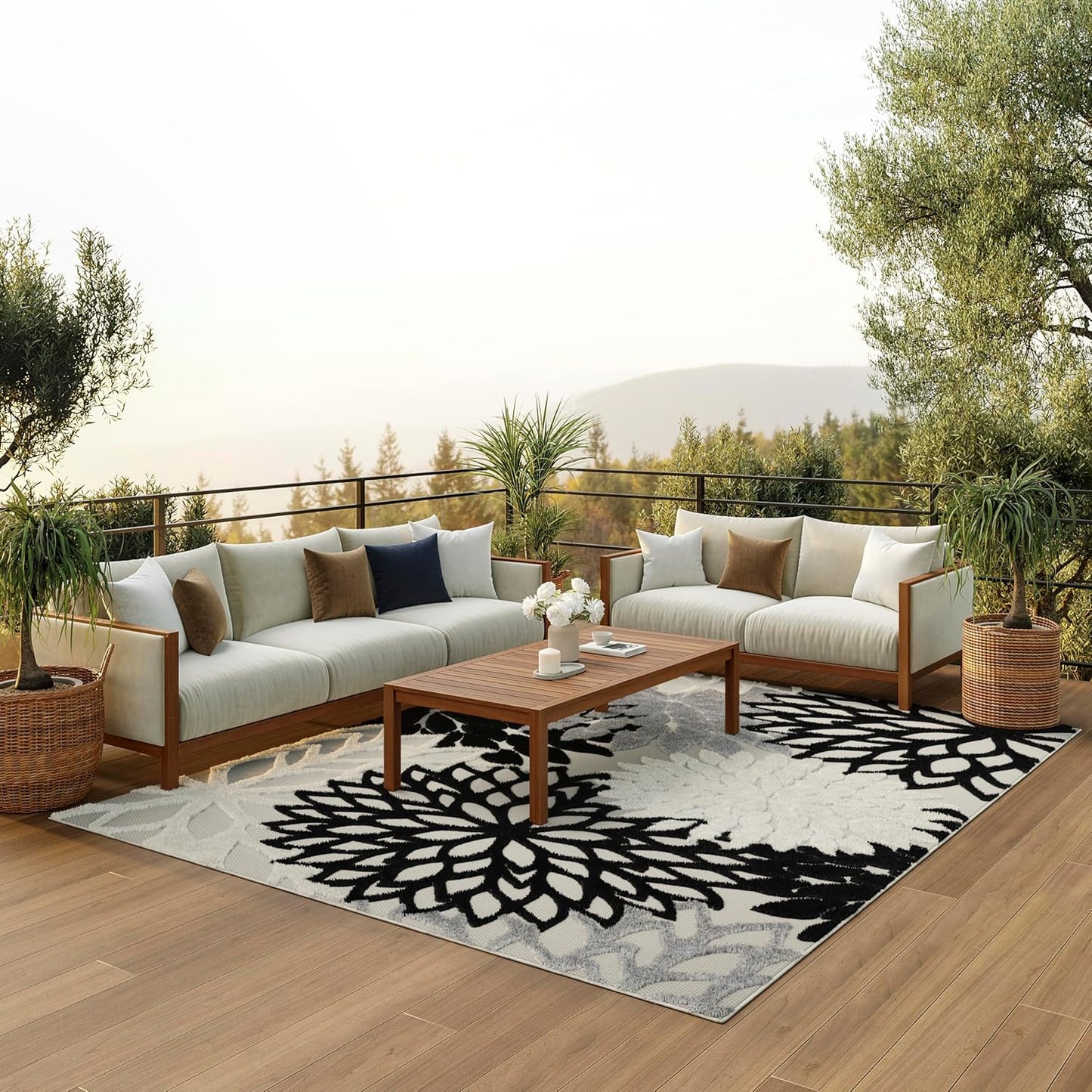 Nourison Aloha Indoor/Outdoor Black White 7' x 10' Area Rug, Tropical, Botanical, Easy Cleaning, Non Shedding, Bed Room, Living Room, Dining Room, Deck, Backyard, Patio (7x10)