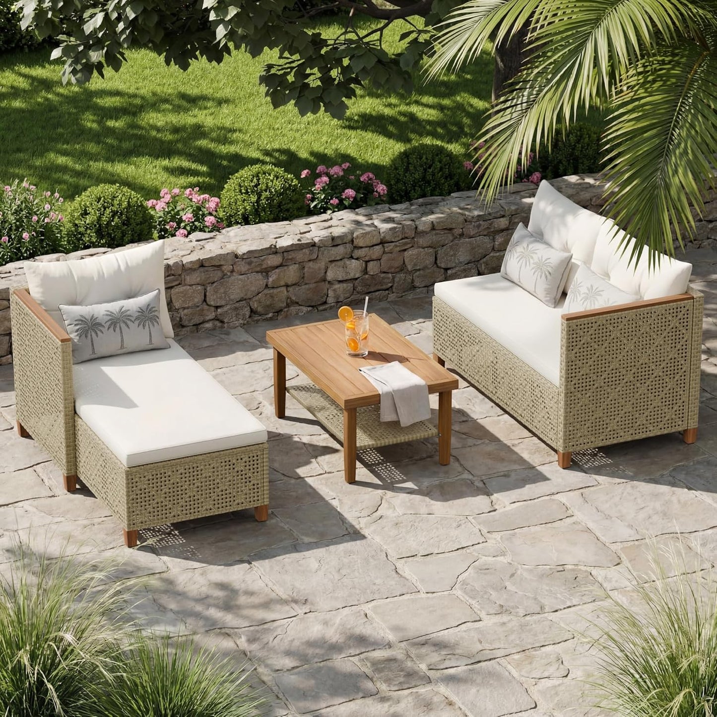 Devoko Wicker Patio Furniture Set, 3 Pieces Outdoor Sofa with Tufted Pillow,PE Rattan Small Sectional Couch Set for Backyard, Deck,Porch & Poolside(Brown)