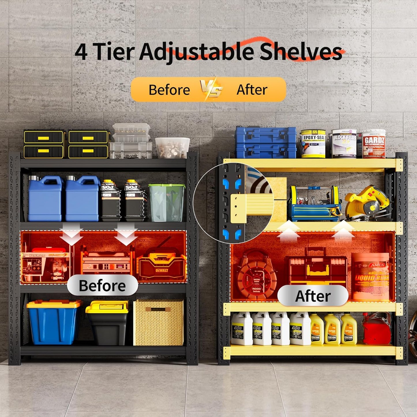 Garage Shelving Unit, 4 Tier Heavy Duty Racks, Easy Assembly, Metal Racks with Adjustable Shelves, 3000 LBS Load Capacity,for Warehouse,Basement (Black&Yellow, 19.7" D x 41.3" W x 78.7" H)