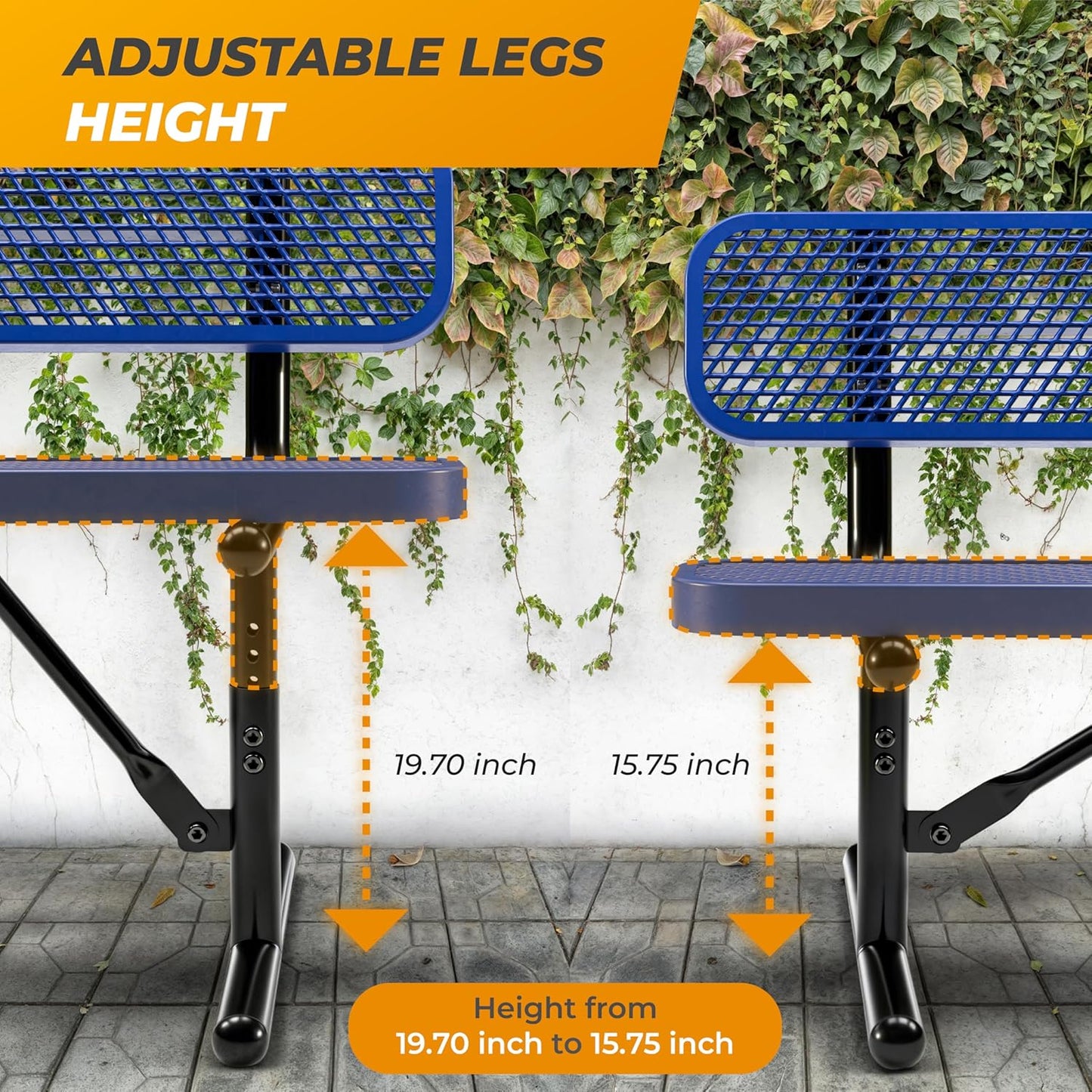 Heavy-Duty Outdoor Metal Bench, Thermoplastic-Coated, Inground, Weatherproof, Commercial-Grade for Parks, Gardens, Patios, Stores & More (6 Ft - Inground with Back, Blue)