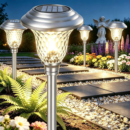Beau Jardin 4 Pack Solar Pathway Lights White+ Color Changing Stainless Steel 3 Mode Outdoor Multicolor Metal Solar Powered Waterproof Glass for Garden Landscape Path Yard Walkway Driveway Silver