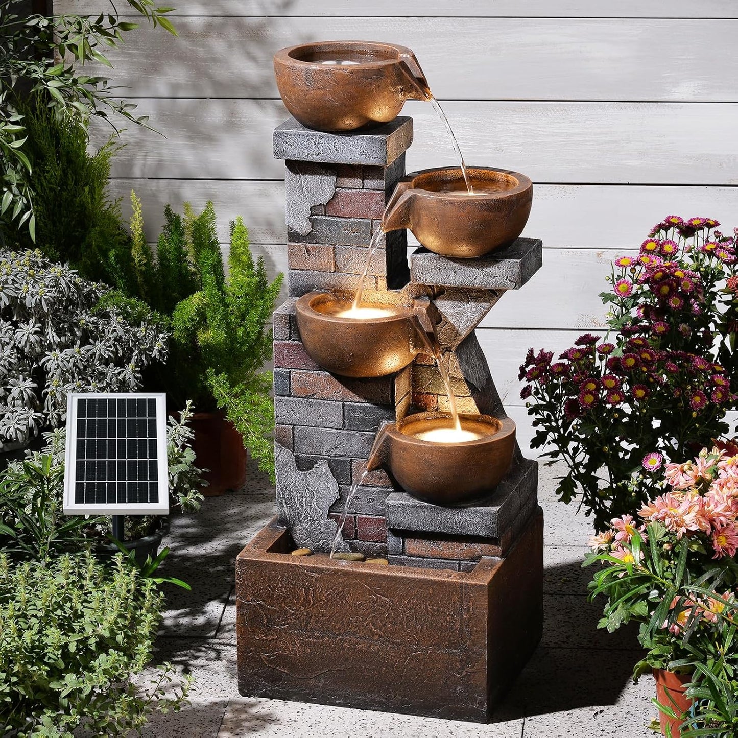 33.5" Tall Solar Water Fountain Outdoor Garden, 4-Tiered Cascading Bowl Fountains with Lights, Solar Powered Waterfall for Garden, Patio, Backyard, Deck, Porch, Indoor Decor