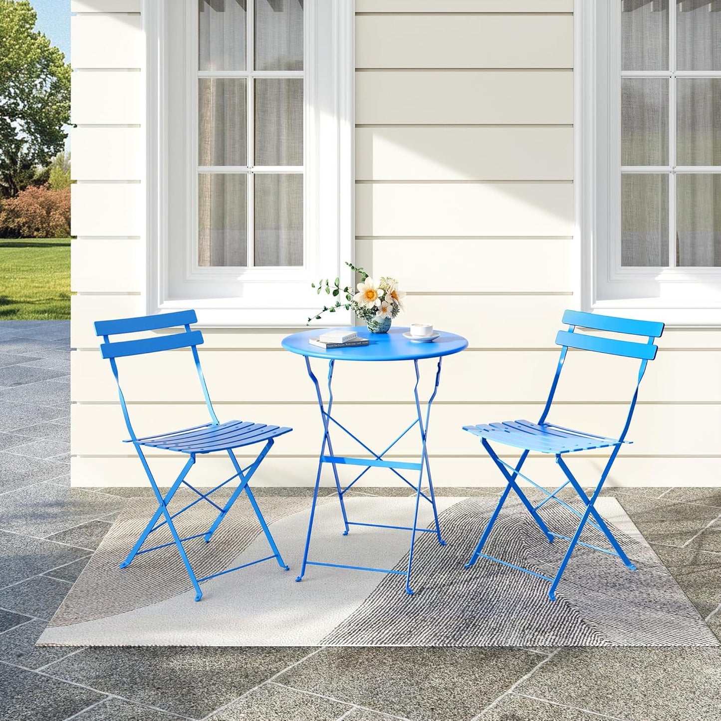 Bistro Table and Chairs Set of 2, 3 Piece Outdoor/Indoor Folding Patio Bistro Sets, 2 Chair Patio Furniture Set with Table, Premium Frame Foldable Coffee Tables for Balcony, Yard, Garden, Blue