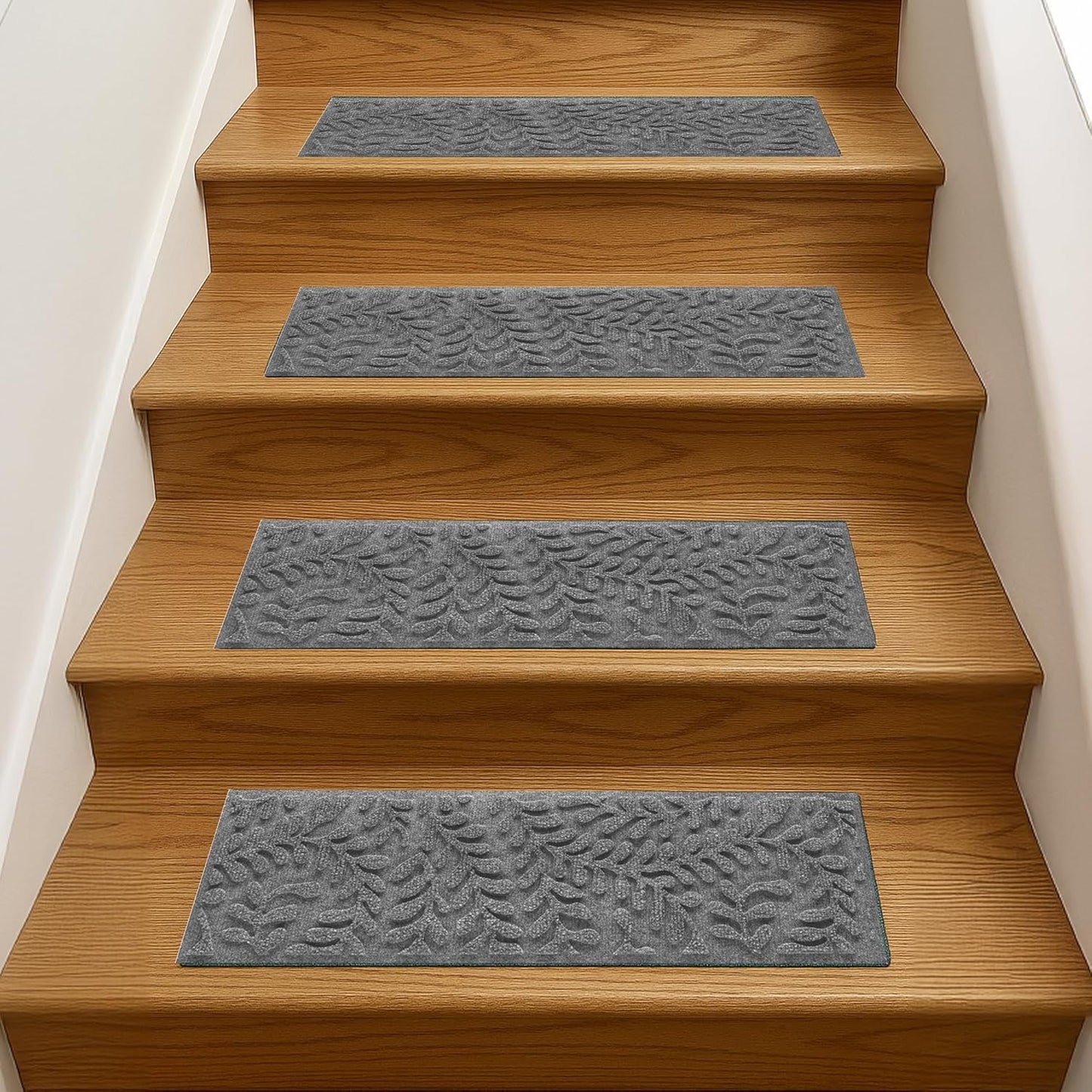 Bungalow Flooring Waterhog Stair Treads (Set of 4) – 8 1/2 x 30 Inches, Durable,Water-Trapping, Indoor/Outdoor Floor Covering, Boxwood Collection – Made in USA, Medium Grey