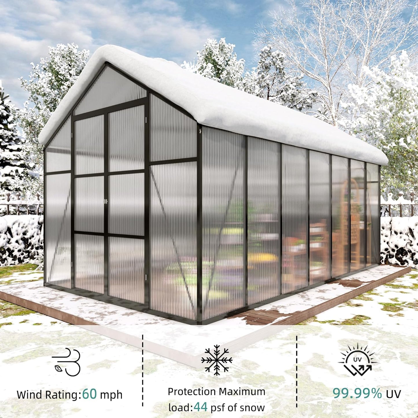 Greenhouse for Outdoors 8x14x7.8 FT, Polycarbonate Greenhouse with Stronger Wind Protection and Roof Vent, Walk-in Large Aluminum Sunroom Winter Proof, Black