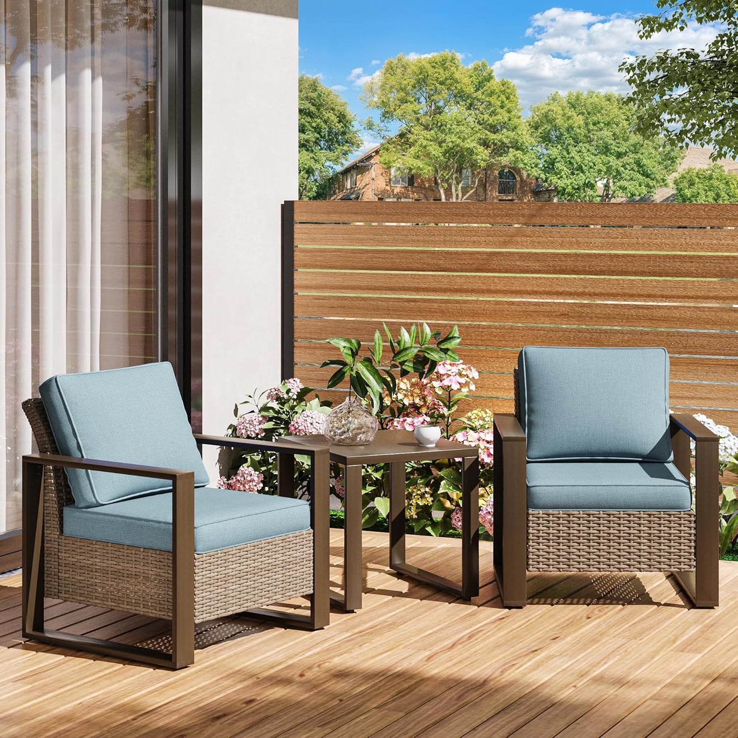 Outdoor Wicker Metal Chairs Set of 2 with Matching Side Table - 3 Pieces Patio Bistro Set with Removable Olefin Fabric Cushions & Rectangular Framed Wood-Looking Metal Armrest, Baby Blue