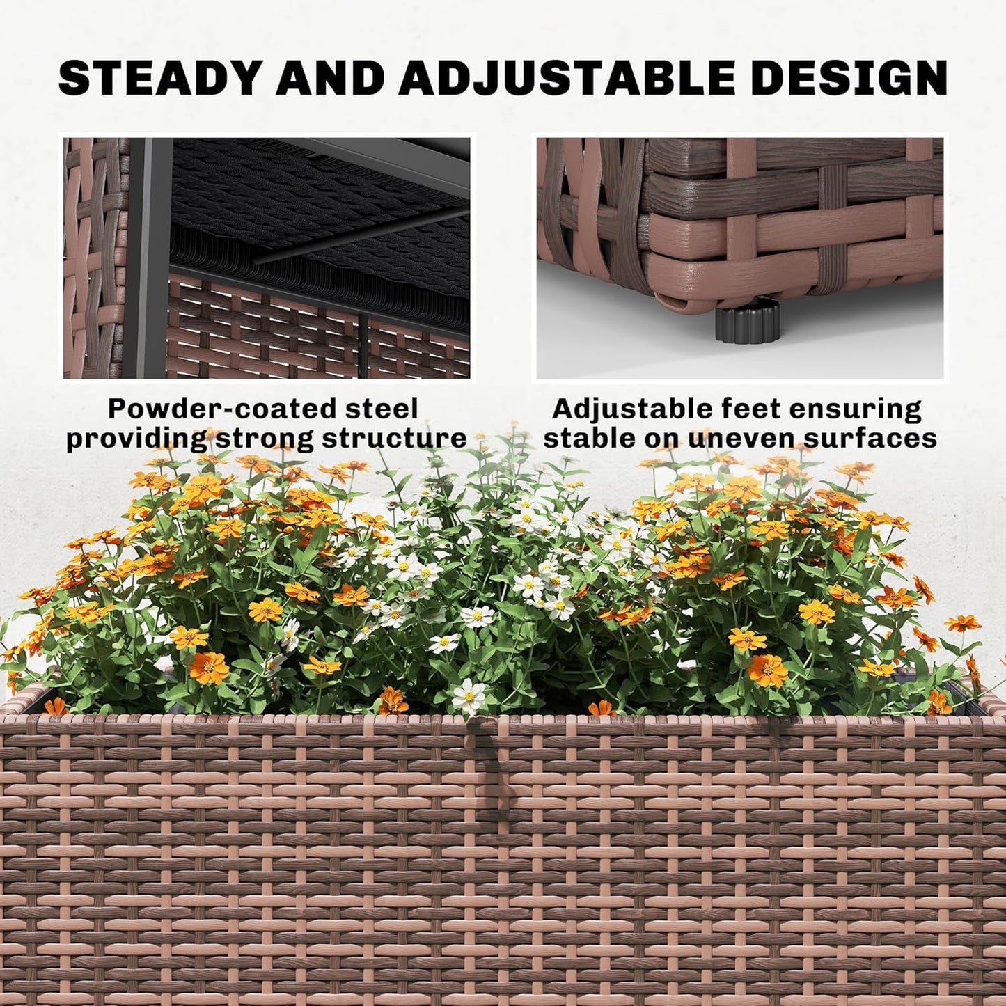 Outsunny Tall Rectangular Planter with Removable Liner, PE Wicker Large Planters for Outdoor Plants, Freestanding Indoor Outdoor Planter Box with Drainage Holes for Flowers, Vegetables, Brown