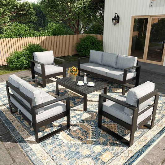 5 Piece Modern Aluminum Patio Furniture Set, Outdoor Patio Sectional Conversation Metal Seating Sets with Olefin Cushion and Coffee Table