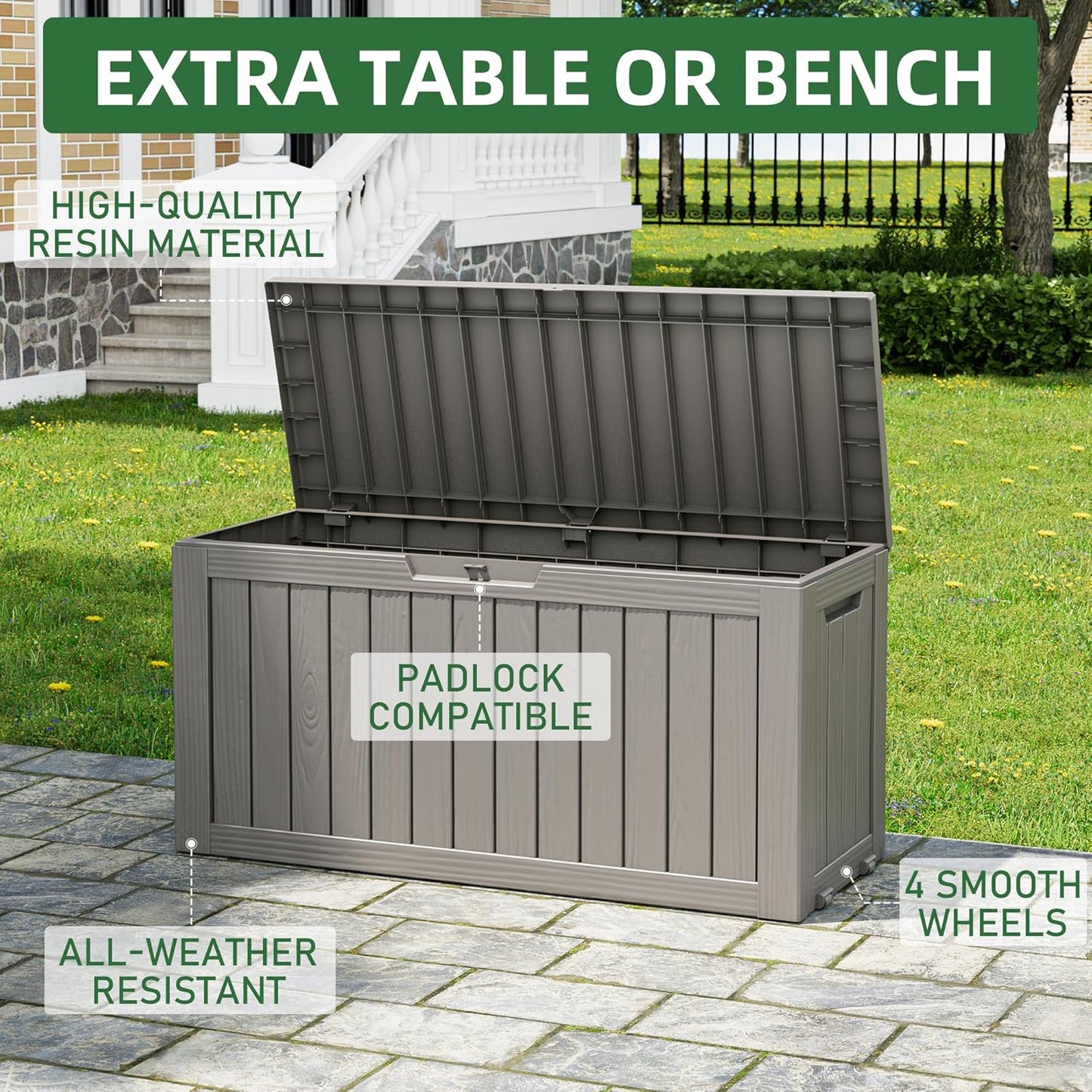 NUNU LAB 75 Gallon Outdoor Storage Box,Resin Large Sturdy Deck Box, Backyard Outside Storage Box Waterproof with Double Wall Panels,Garden Box,Package Delivery Outdoor Hose Storage Bin