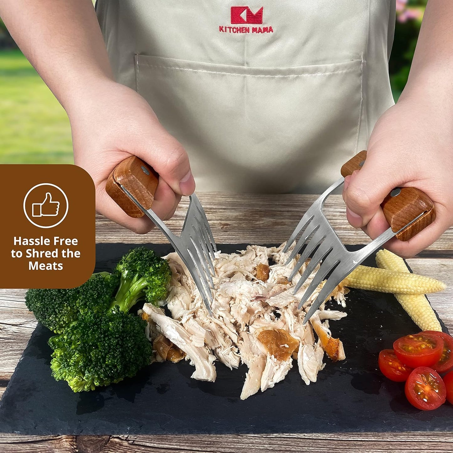 Kitchen Mama Meat Claws: Stainless Steel Shredder Claws with Wooden Handle for BBQ, Shredding, Pulling Pork, Chicken, Beef, and Turkey - Perfect for Grill Masters (1 Pair) - Lumora Garden