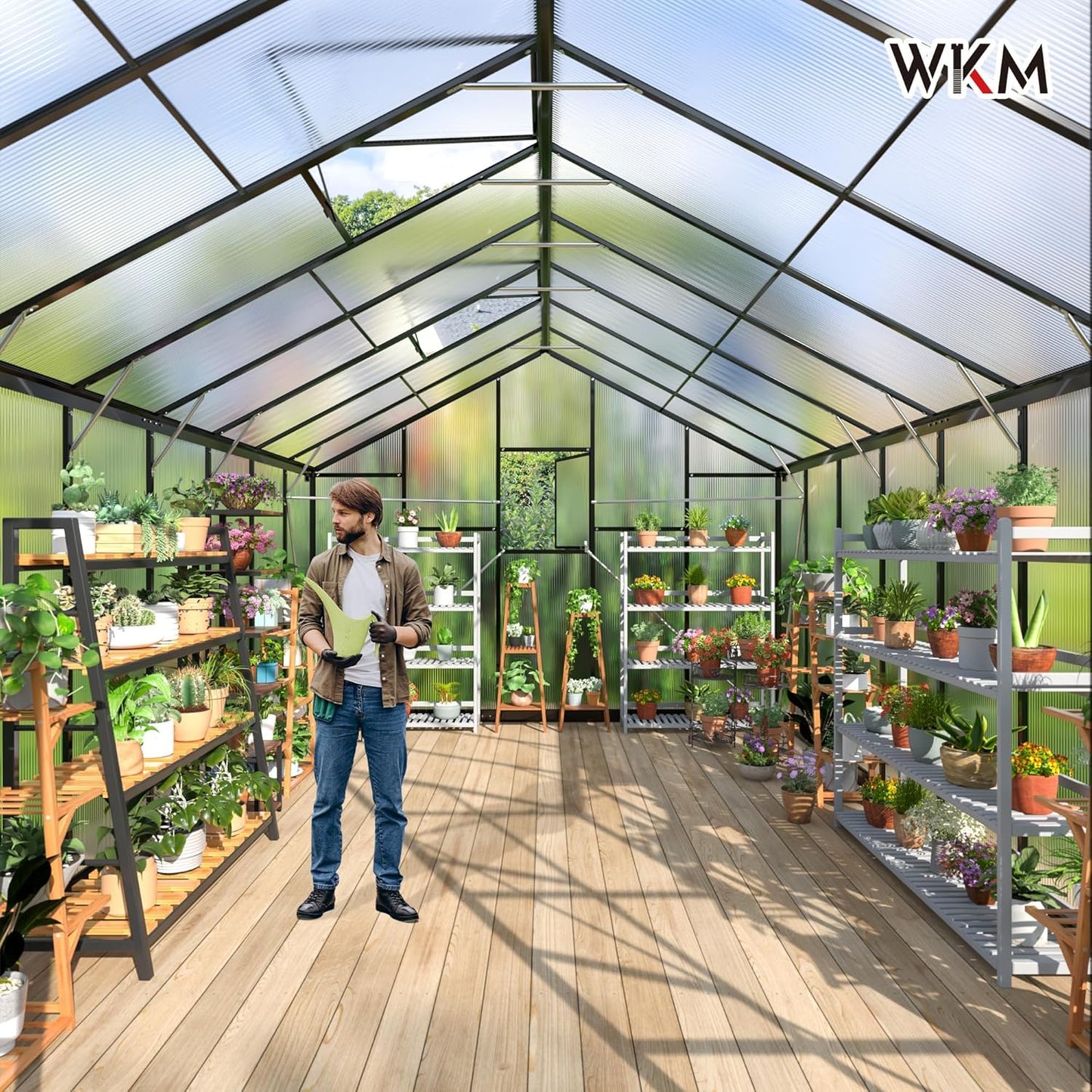 WKM 10x16 FT Greenhouse for Outdoors, Walk-in Polycarbonate Greenhouse with Roof Vent and Quick Setup Structure, Heavy Duty Green House for Outside Garden Backyard, Black