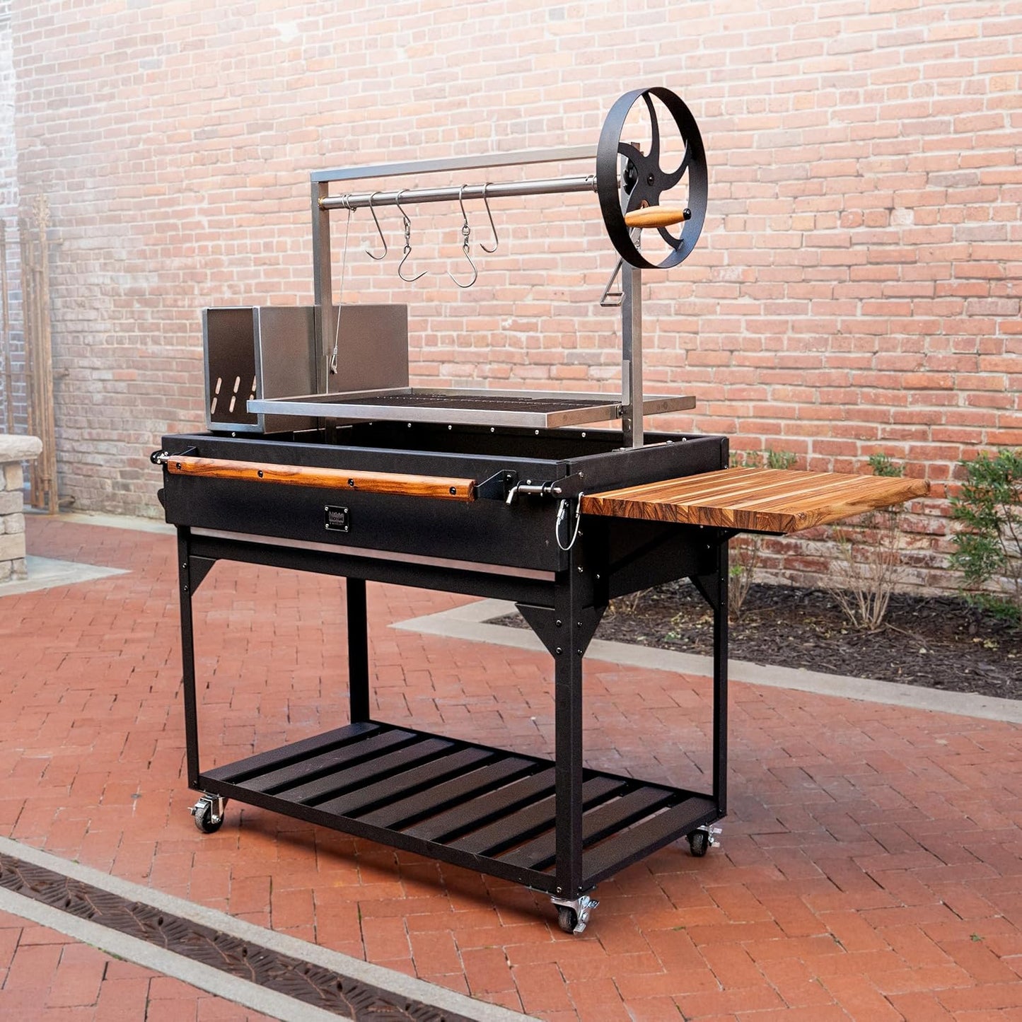 Backyard Discovery Argentine Santa Maria Wood Fire & Charcoal BBQ Grill with Brasero, Adjustable Grill Grates, Fire Bricks, Heavy-Duty Steel, S-Hooks, Acacia Wood Table for Outdoor Gaucho Grilling