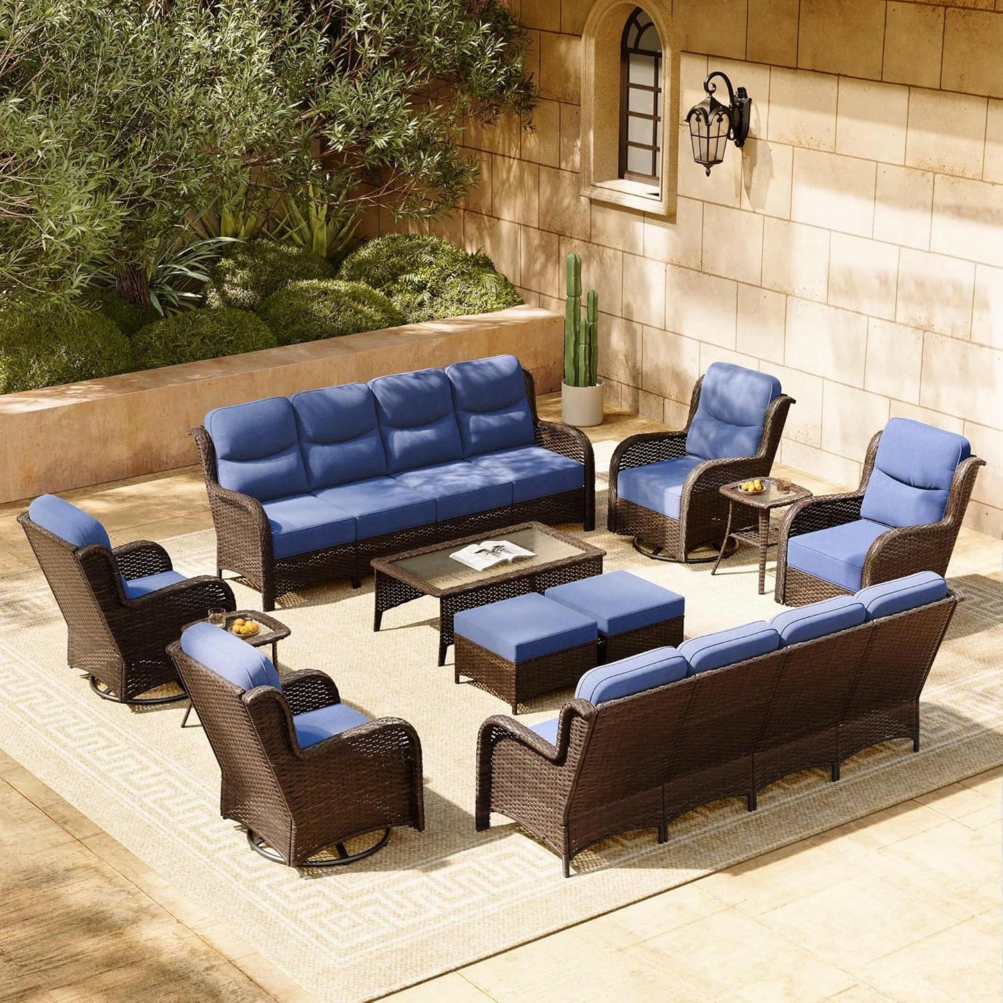 HILLGA Luxury Patio Furniture Set with 6-inch Thick Cushion, Outdoor Sectional Sofa and High Back Swivel Rocker Patio Chairs, 11PCS Wicker Conversation Set for Deck Yard and Poolside, Blue (V2)