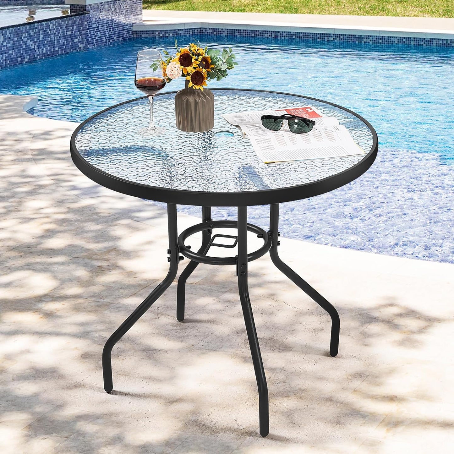 Yaheetech 27.4'' Patio Bistro Table Round Outdoor Coffee Table, Round Tempered Glass Top with 1.7'' Umbrella Hole, Iron Frame for Balcony Backyard Lawn and Garden