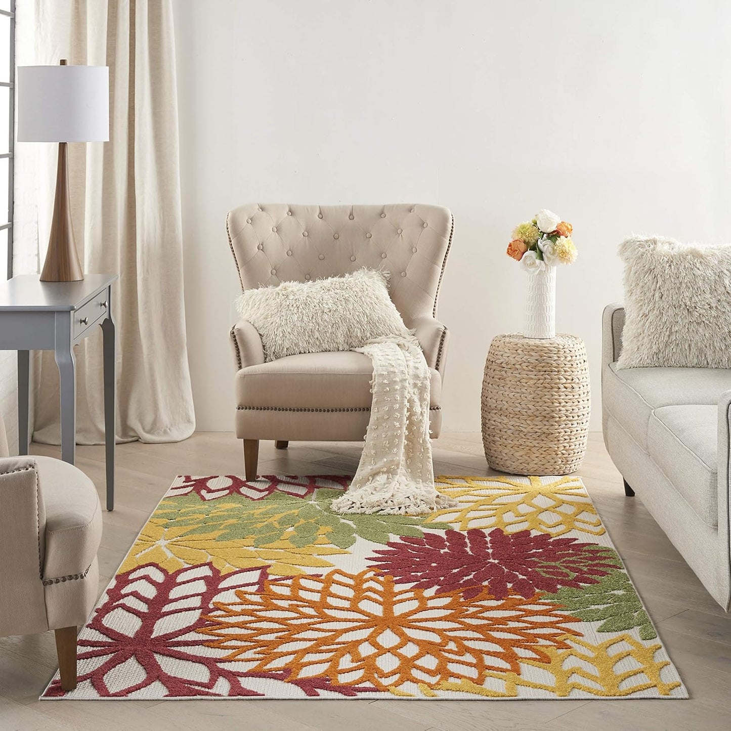 Nourison Aloha Indoor/Outdoor Red Multi Colored 5'3" x 7'5" Area Rug, Tropical, Botanical, Easy Cleaning, Non Shedding, Bed Room, Living Room, Dining Room, Deck, Backyard, Patio (5x7)