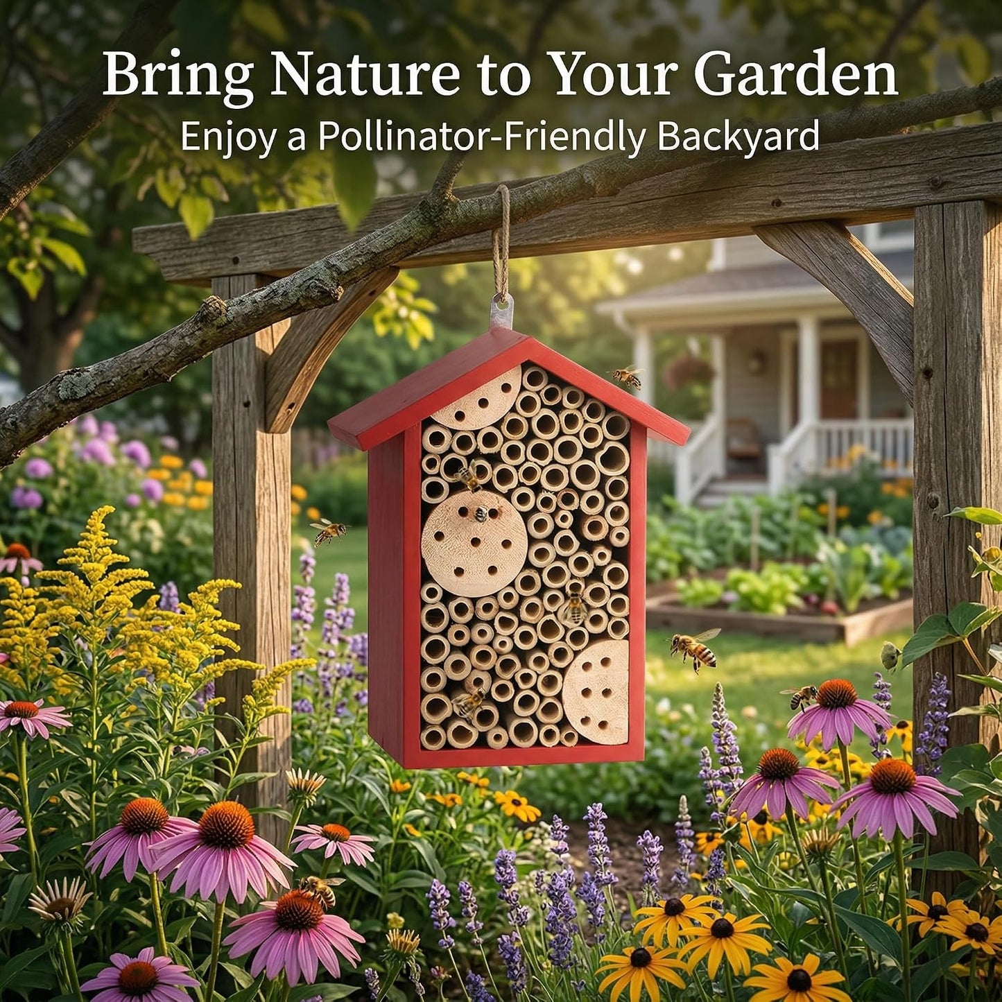 Topadorn Red Wooden Bee House, Natural Bamboo Tube Bee Hotel for Mason Bees, Outdoor Garden Pollinator Shelter with Hanging Ring