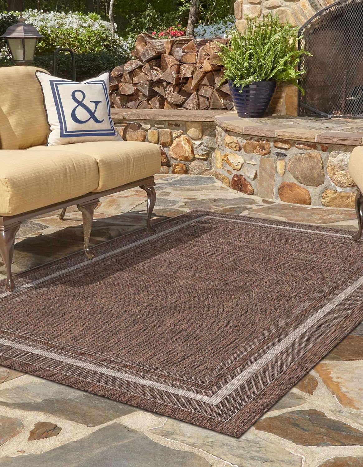 Unique Loom Outdoor Border Collection Area Rug - Soft Border (7' 10" x 10' Rectangle Brown/Ivory)