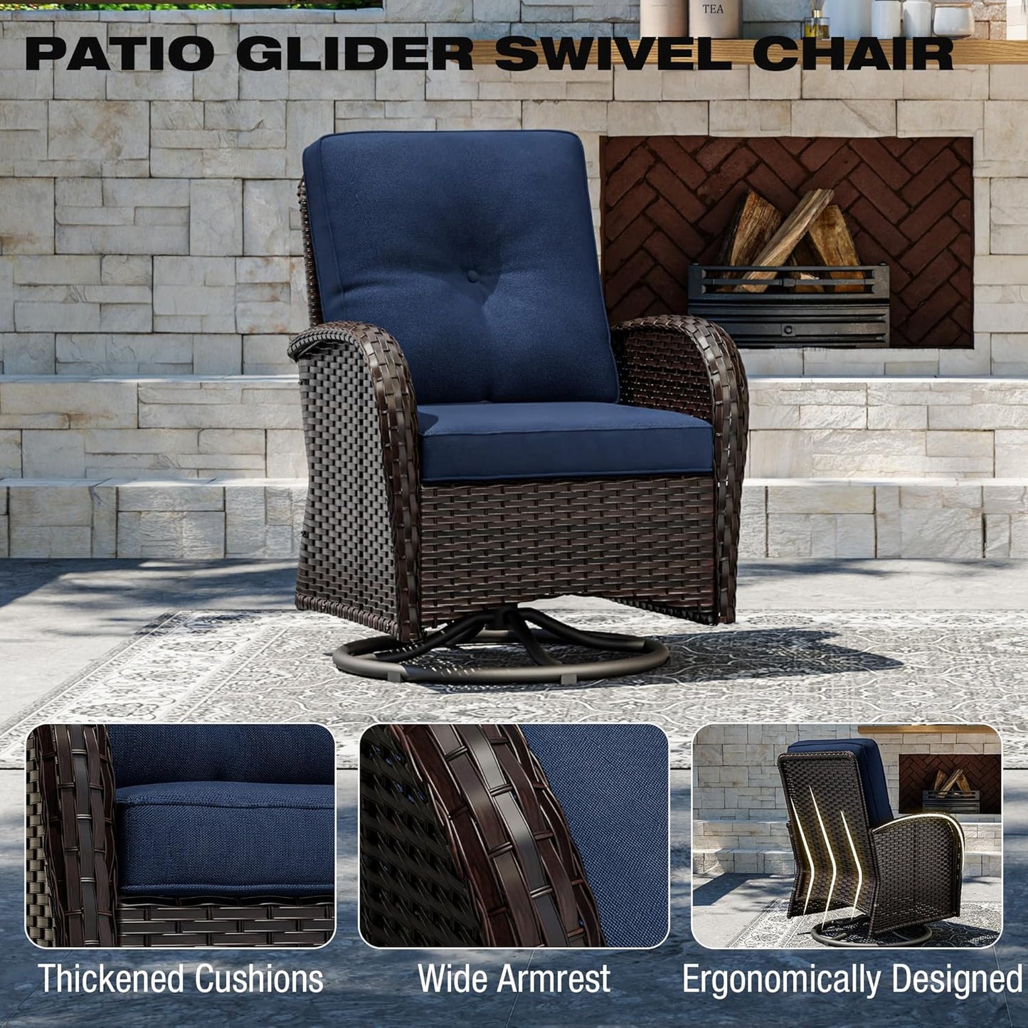 Joyside 5 Piece Patio Furniture Set, Outdoor Swivel Chair Sets with Thick Cushion and Ottoman, Wicker Patio Conversation Set for Porch, Deck Use (Brown/Blue, 5 PCS)