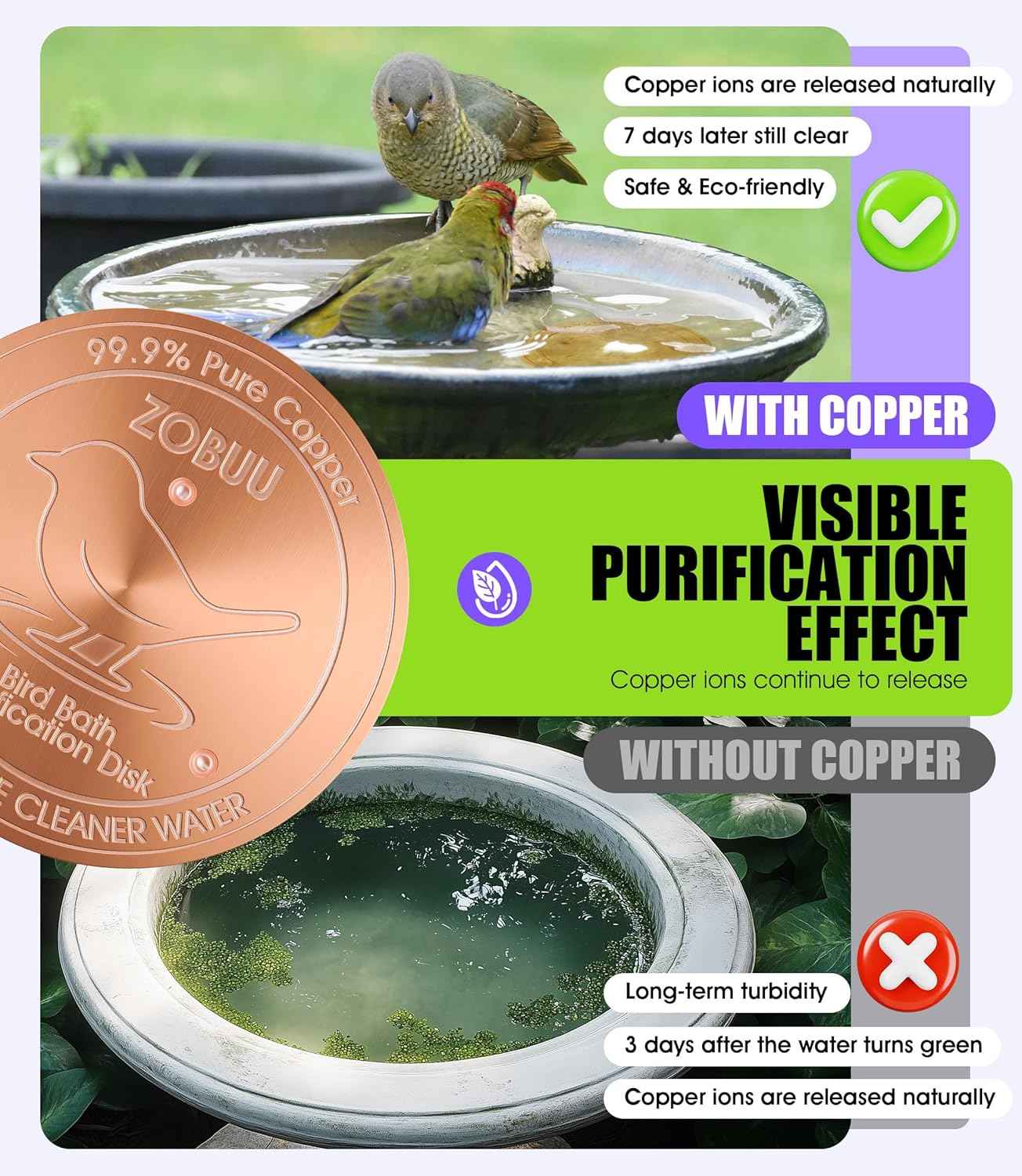 2 Pack Bird Bath Copper Disk, 0.6mm Thickness 99.9% Pure Copper Bird Bath Purification Disk with Triple-Point Support, Year-Round Use, Fits All Outdoor Bird Bath Bowl