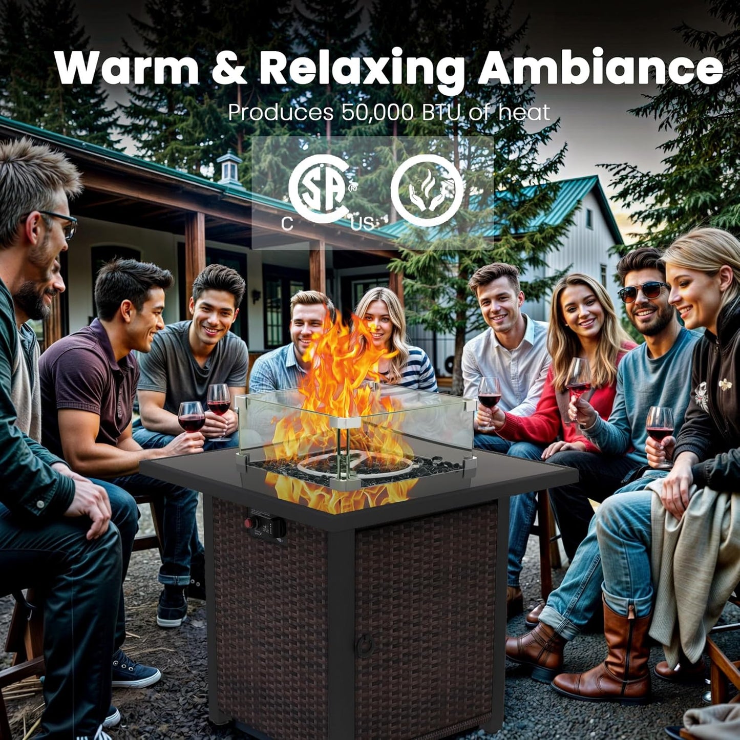 Propane Outdoor Fire Pit Table, 28" Rattan Square Fire Pit Table, Outdoor Gas FirePit W/Glass Wind Guard, Tempered Glass Tabletop, Lid, CSA Listed, 50,000 BTU, Outside Patio Deck & Garden, Brown