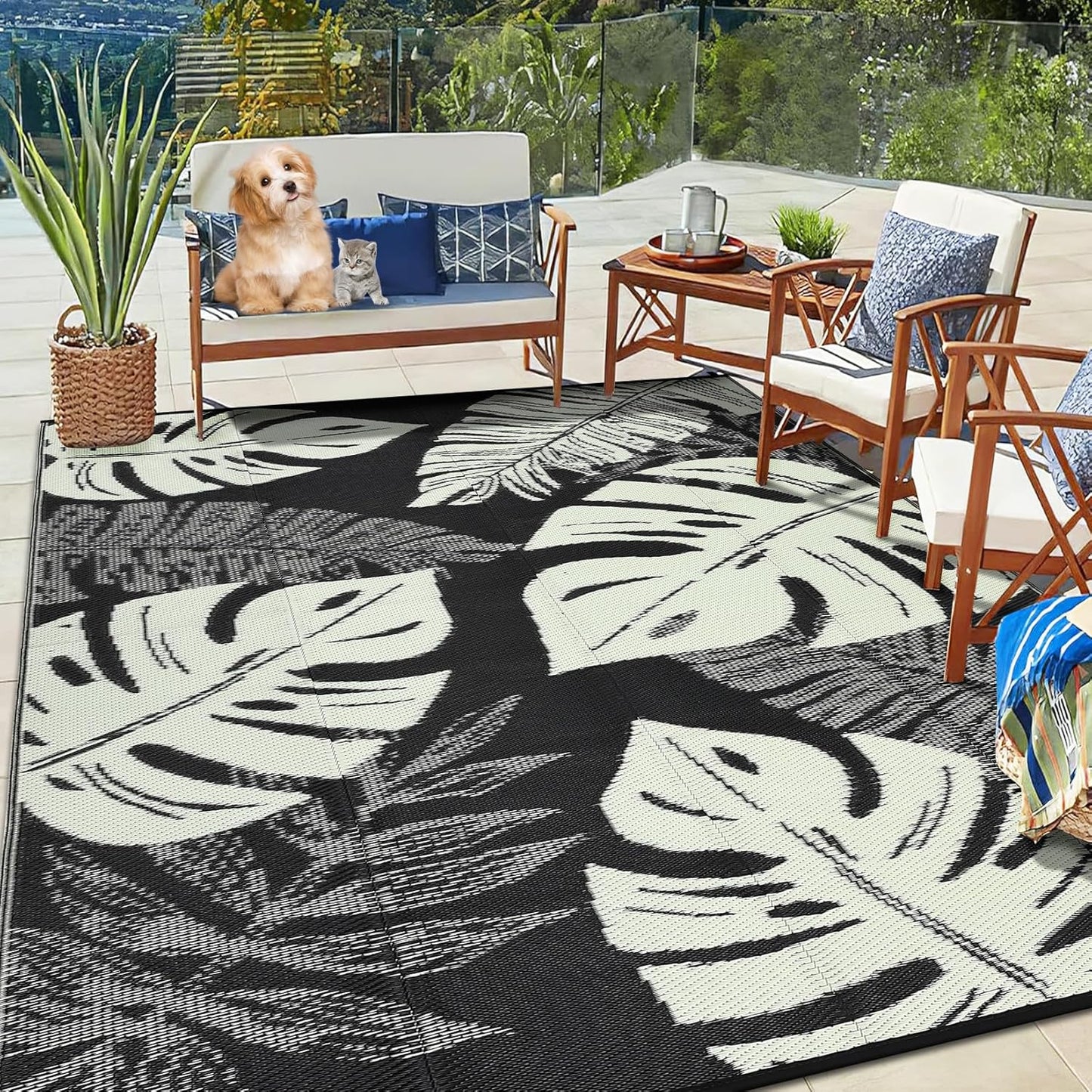 Washable Outdoor Rug Geometric Patio Carpet Waterproof Non-Slip Non-Shedding Ideal for Backyard Deck Porch Camping Beach Farmhouse Black&Beige8x10