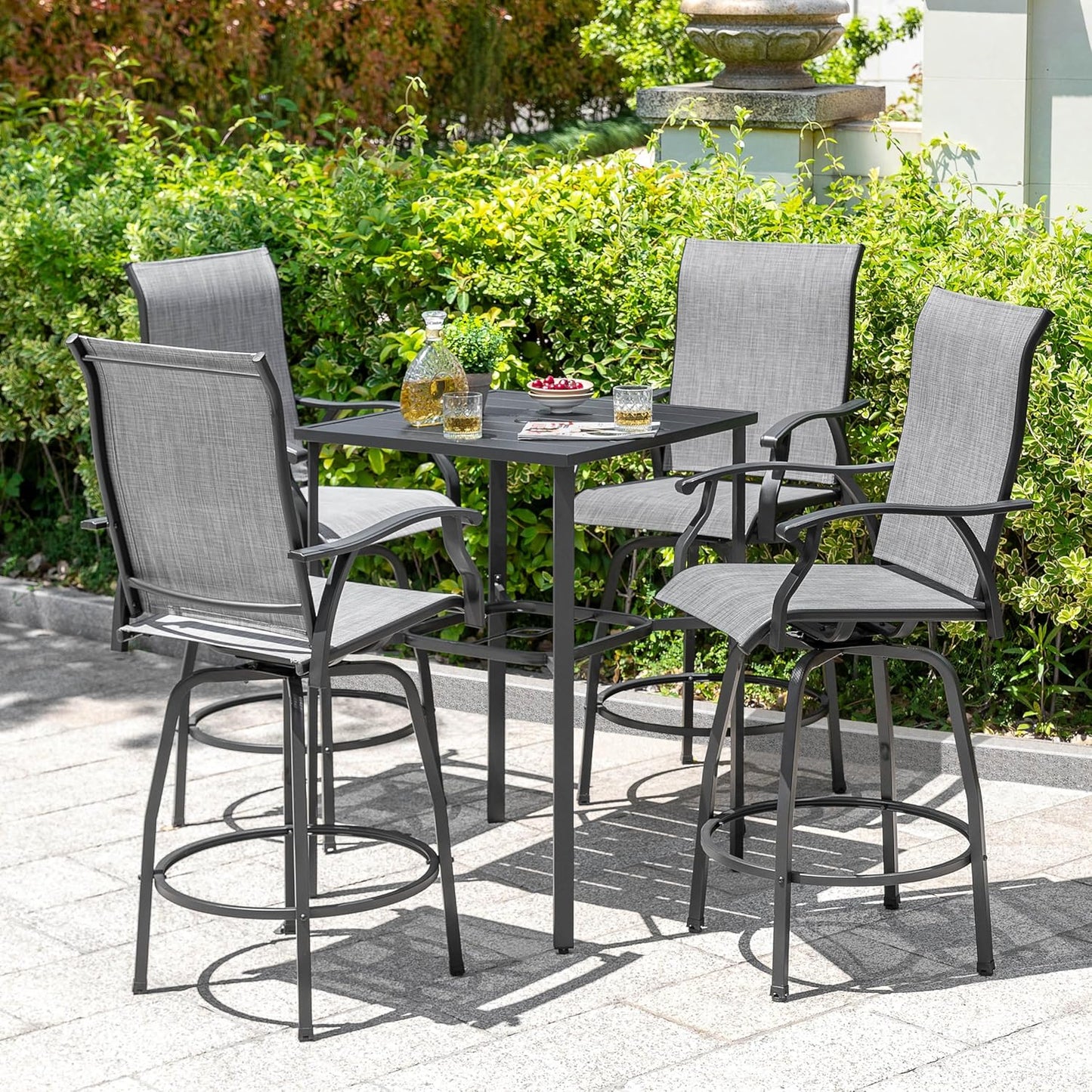 NUU GARDEN 5-Piece Outdoor Patio Swivel Bar Set, All-Weather Textilene High Bistro Stools and Square Bar Table with Slatted Tabletop and Umbrella Hole for Backyard, Balcony and Sunroom, Gray and Black