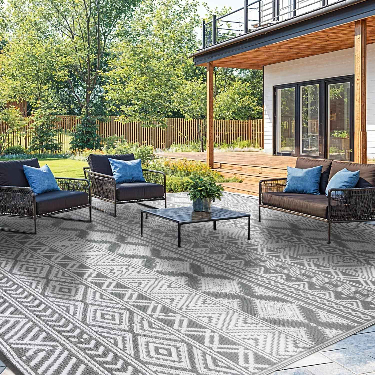 Waterproof Outdoor Rug 8x10 ft, Reversible Plastic Straw Patio Camping Rugs, Outdoor Indoor RV Mat Carpet for Patio, Outside Entry, Backyard, Deck, Bench, Picnic, Camper(8x10,Gray&White)